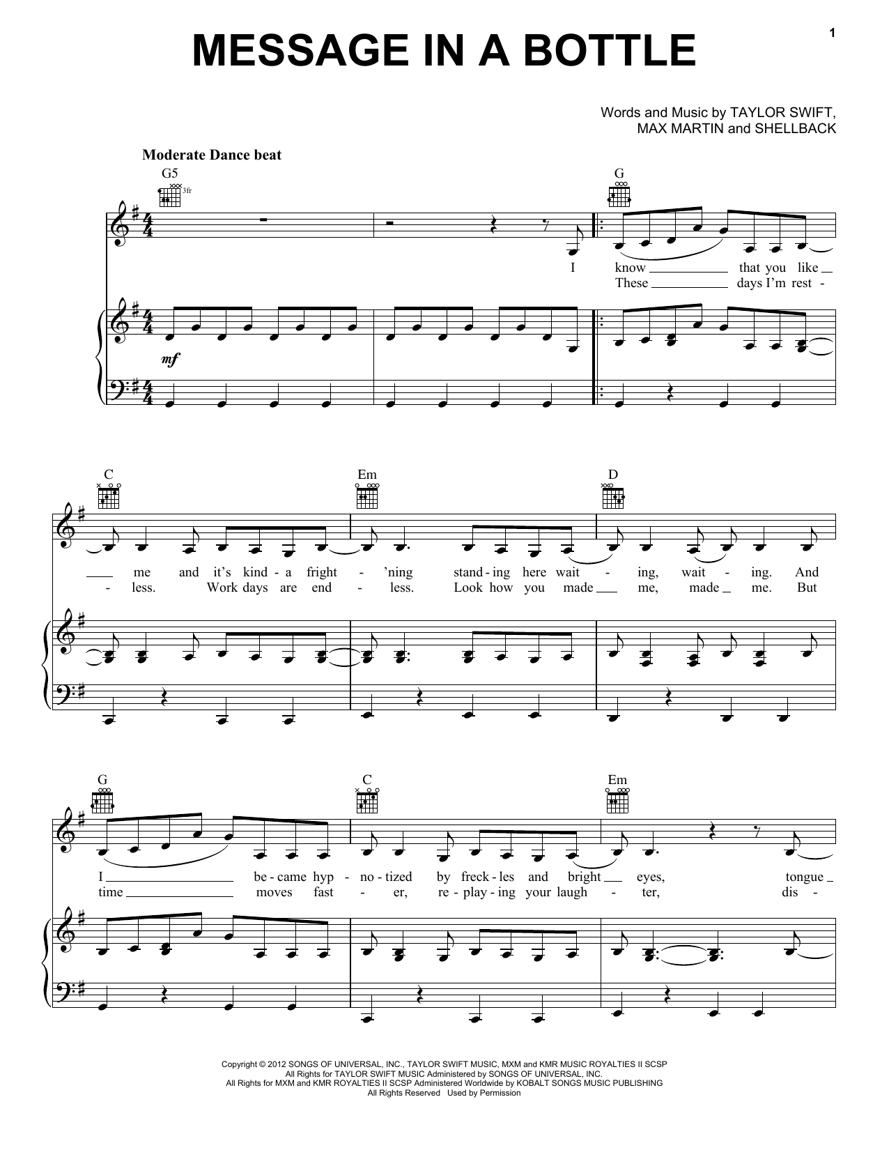 Taylor Swift Message In A Bottle (Taylor's Version) (From The Vault) Sheet Music Notes & Chords for Piano, Vocal & Guitar Chords (Right-Hand Melody) - Download or Print PDF