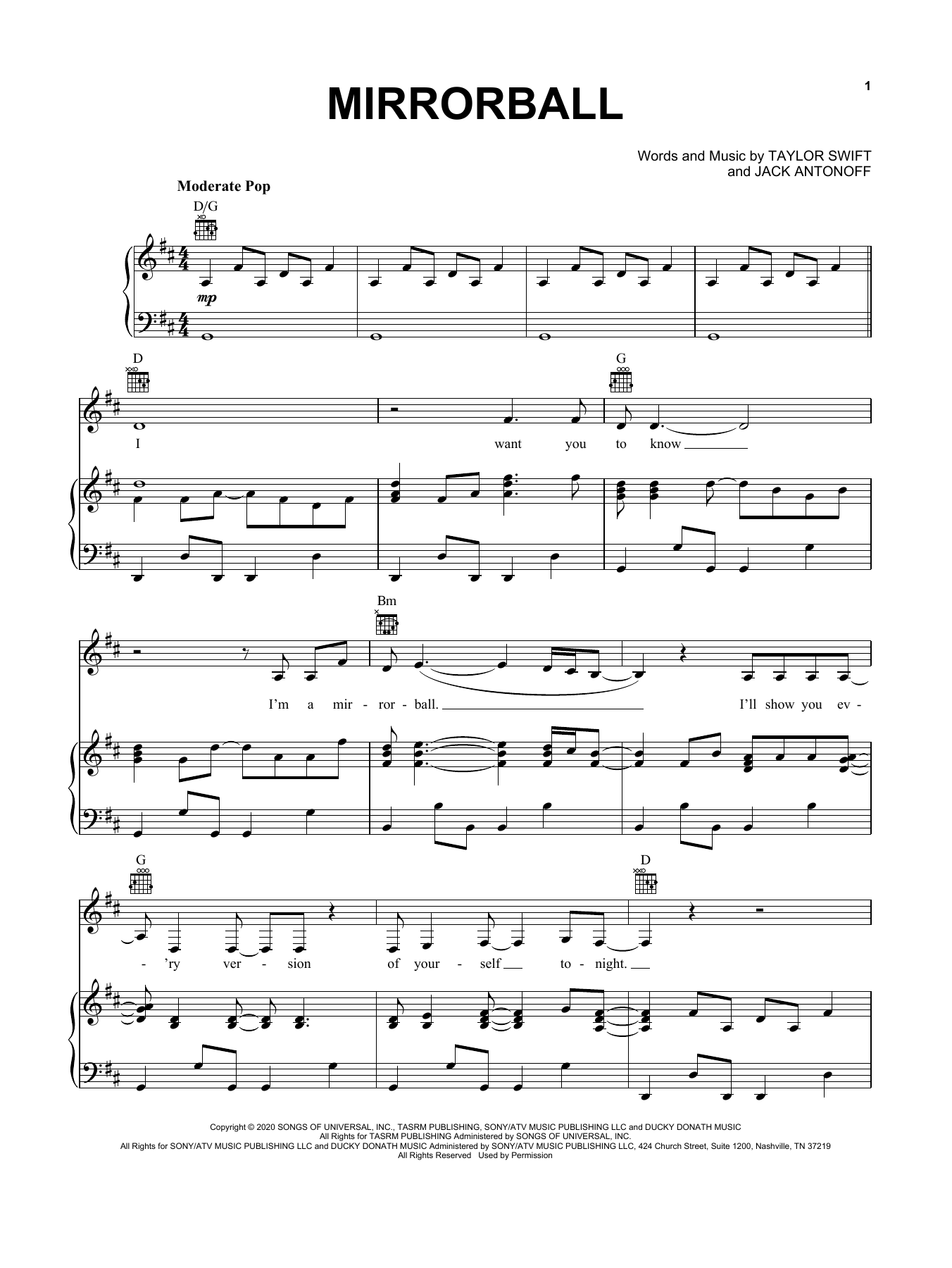 Taylor Swift mirrorball Sheet Music Notes & Chords for Piano, Vocal & Guitar (Right-Hand Melody) - Download or Print PDF
