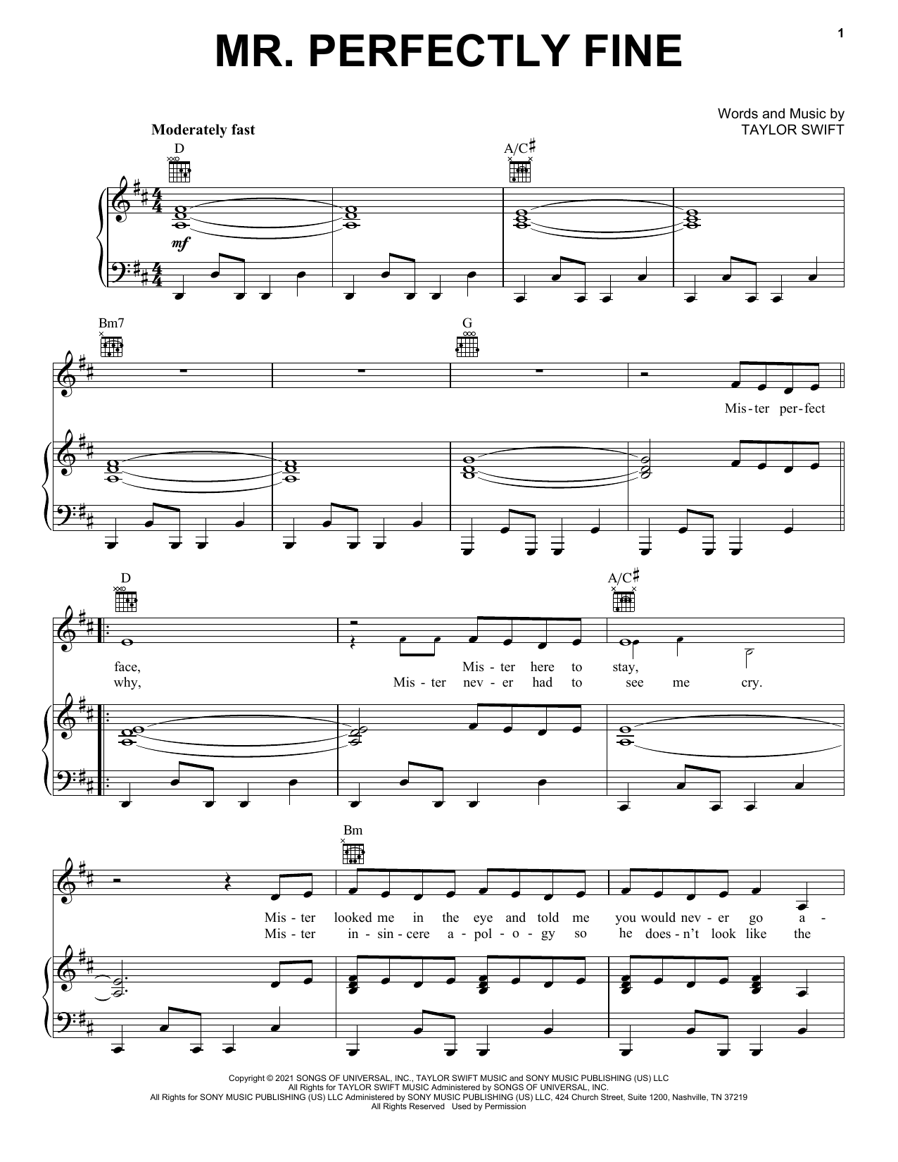 Taylor Swift Mr. Perfectly Fine (Taylor's Version) (From The Vault) Sheet Music Notes & Chords for Piano, Vocal & Guitar Chords (Right-Hand Melody) - Download or Print PDF