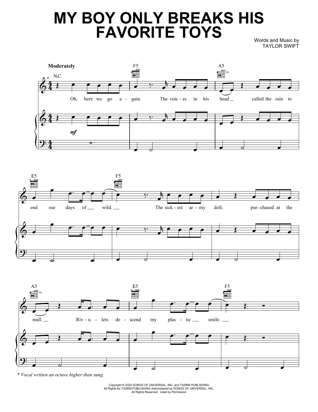 Taylor Swift My Boy Only Breaks His Favorite Toys Sheet Music Notes & Chords for Piano, Vocal & Guitar Chords (Right-Hand Melody) - Download or Print PDF
