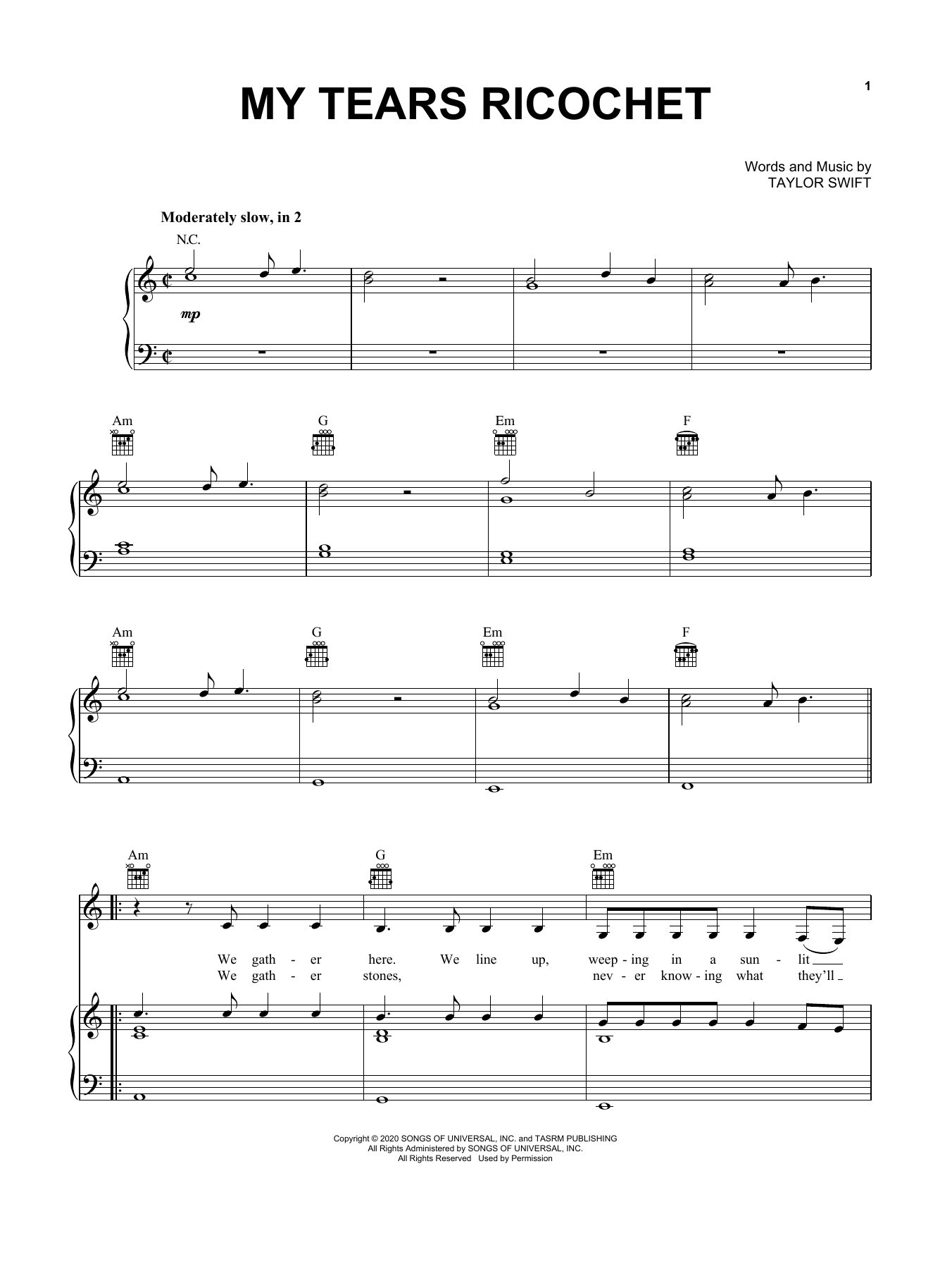 Taylor Swift my tears ricochet Sheet Music Notes & Chords for Piano, Vocal & Guitar (Right-Hand Melody) - Download or Print PDF
