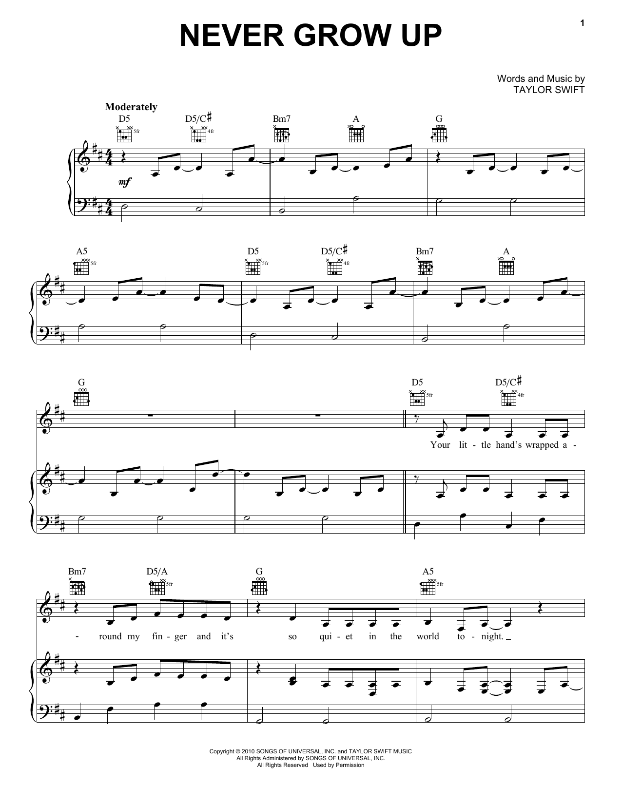 Taylor Swift Never Grow Up Sheet Music Notes & Chords for Easy Guitar Tab - Download or Print PDF