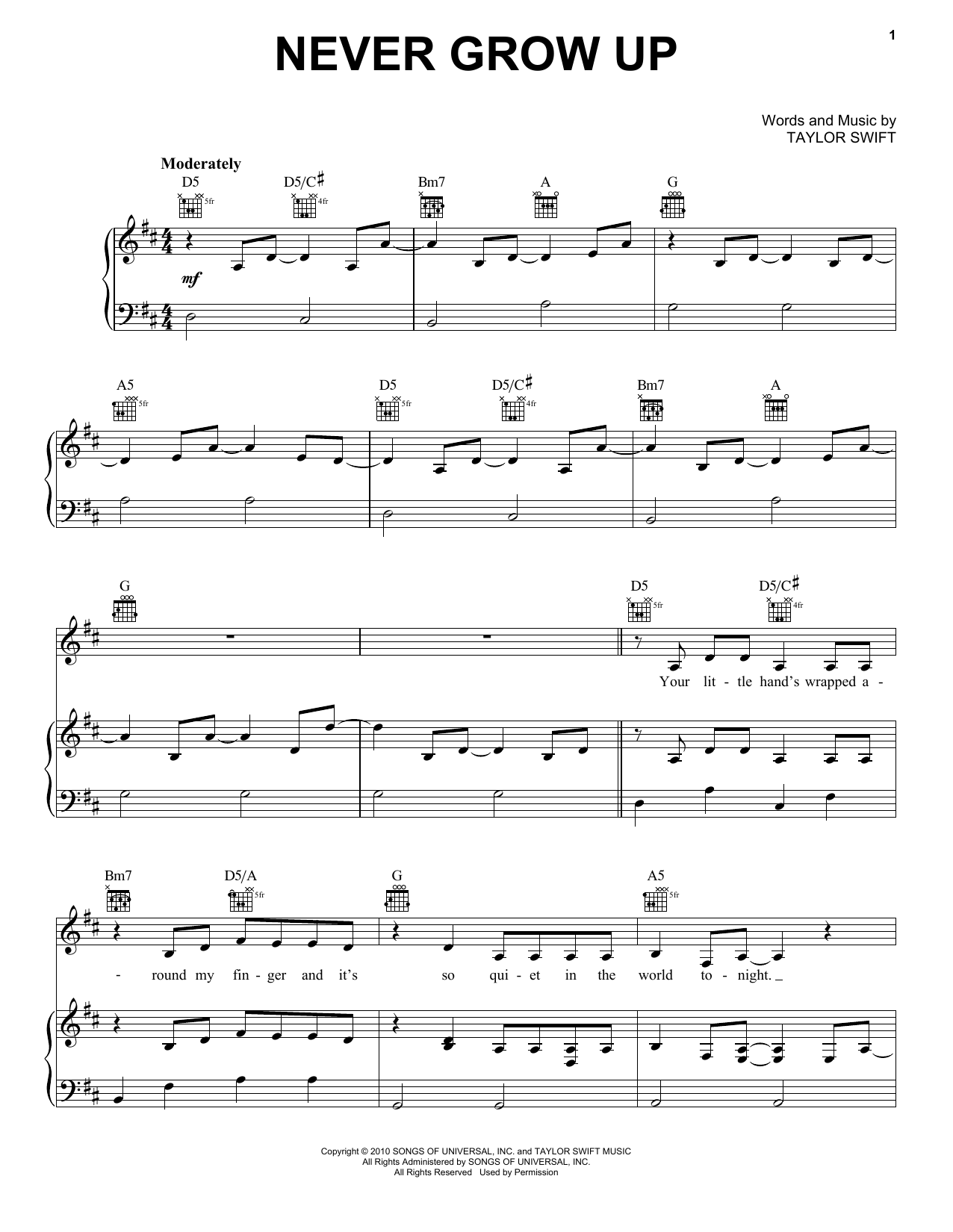 Taylor Swift Never Grow Up Sheet Music Notes & Chords for Lyrics & Chords - Download or Print PDF