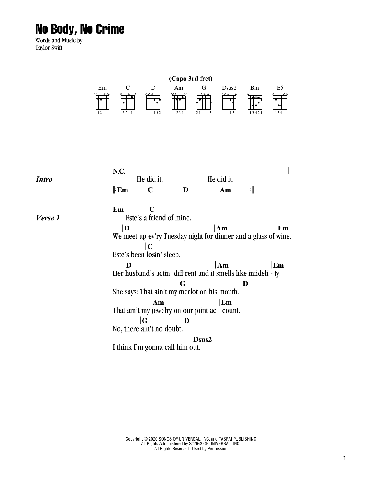 Taylor Swift no body, no crime (feat. HAIM) Sheet Music Notes & Chords for Guitar Chords/Lyrics - Download or Print PDF