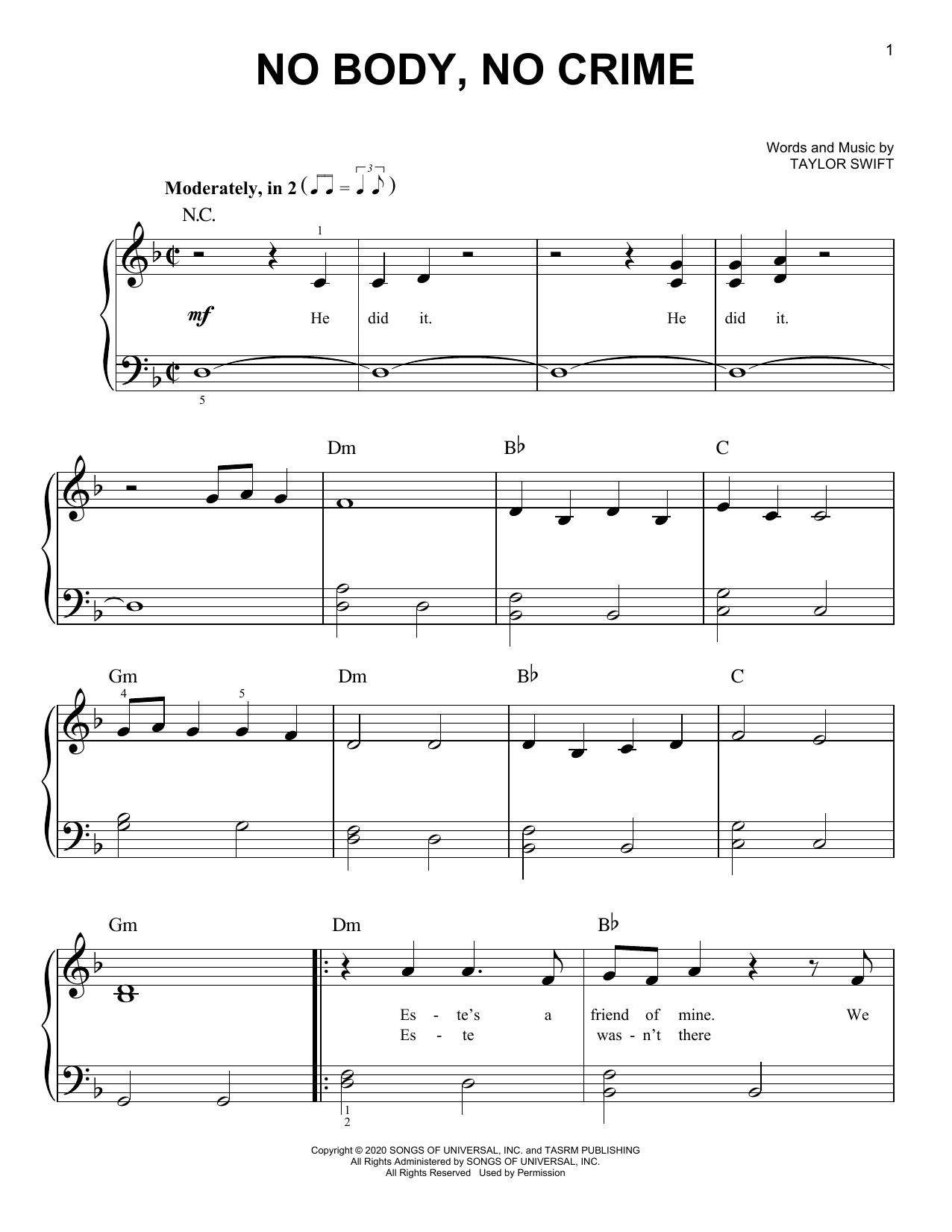 Taylor Swift no body, no crime (feat. HAIM) Sheet Music Notes & Chords for Easy Piano - Download or Print PDF