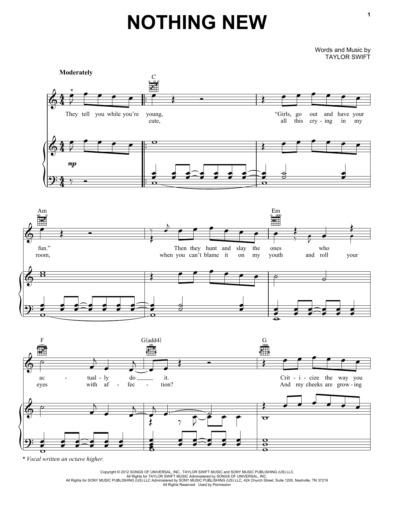 Taylor Swift Nothing New (feat. Phoebe Bridgers) (Taylor's Version) (From The Vault) Sheet Music Notes & Chords for Piano, Vocal & Guitar Chords (Right-Hand Melody) - Download or Print PDF