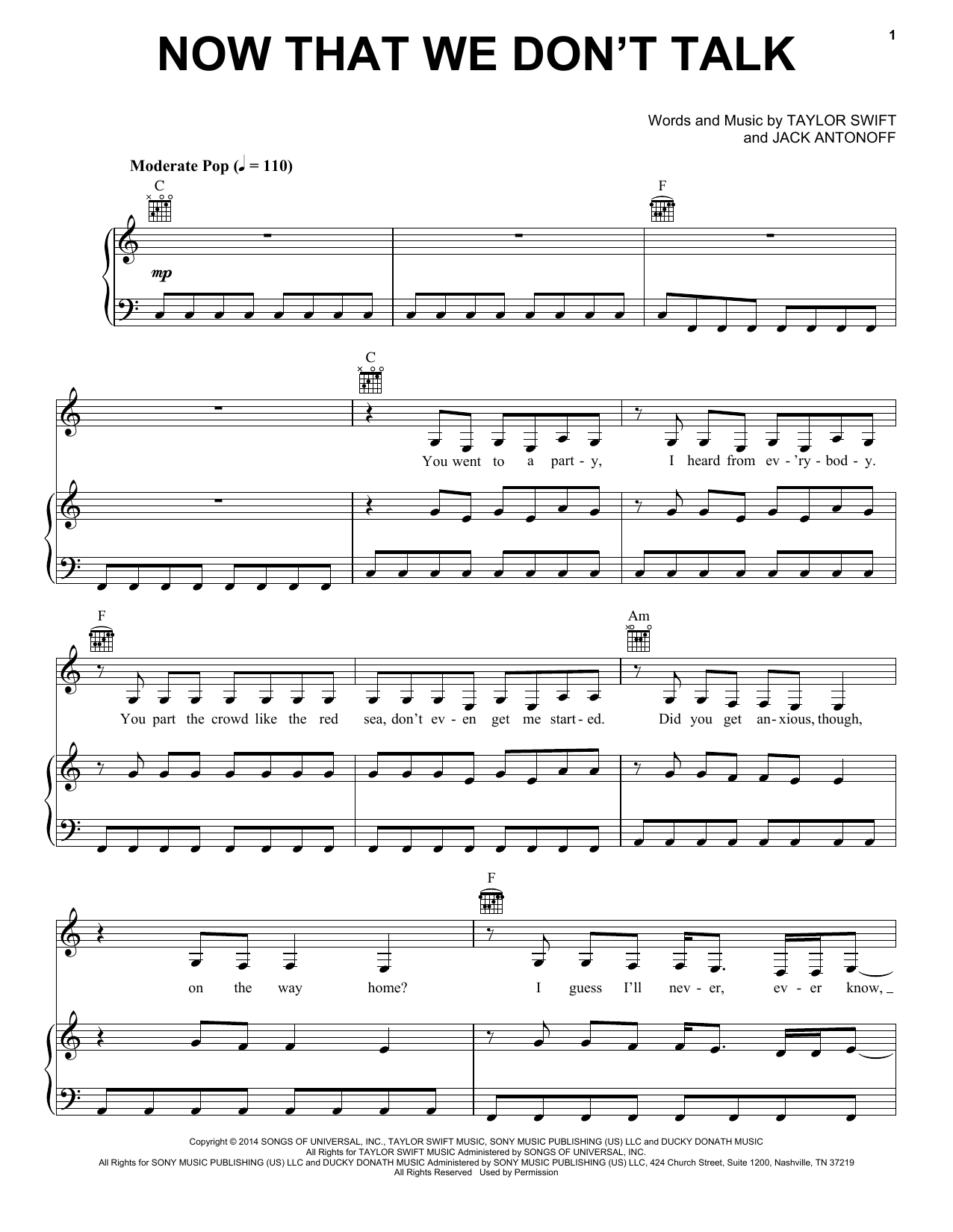 Taylor Swift Now That We Don't Talk (Taylor's Version) (From The Vault) Sheet Music Notes & Chords for Piano, Vocal & Guitar Chords (Right-Hand Melody) - Download or Print PDF