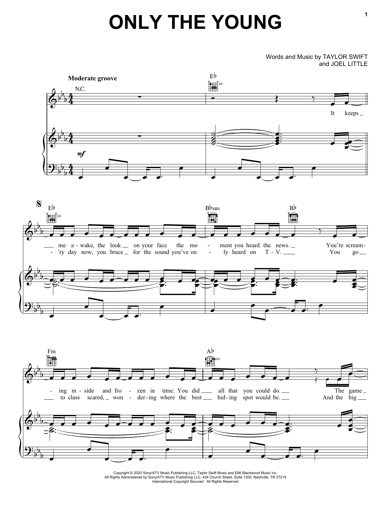Taylor Swift Only The Young (from Miss Americana) Sheet Music Notes & Chords for Piano, Vocal & Guitar (Right-Hand Melody) - Download or Print PDF