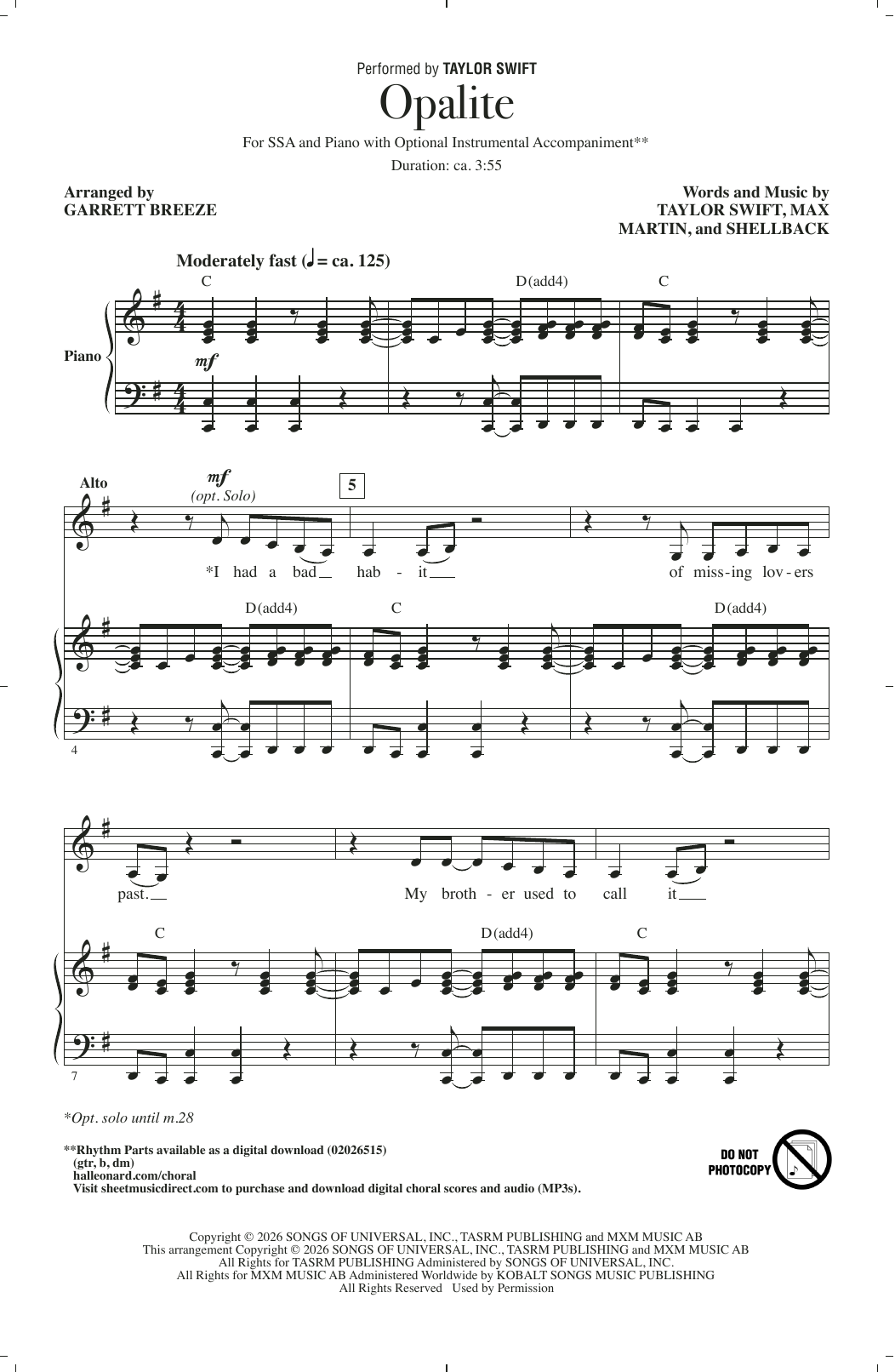 Taylor Swift Opalite (arr. Garrett Breeze) Sheet Music Notes & Chords for SSA Choir - Download or Print PDF
