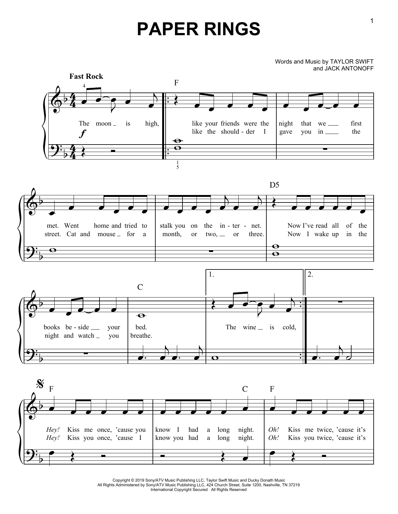 Taylor Swift Paper Rings Sheet Music Notes & Chords for Easy Piano - Download or Print PDF