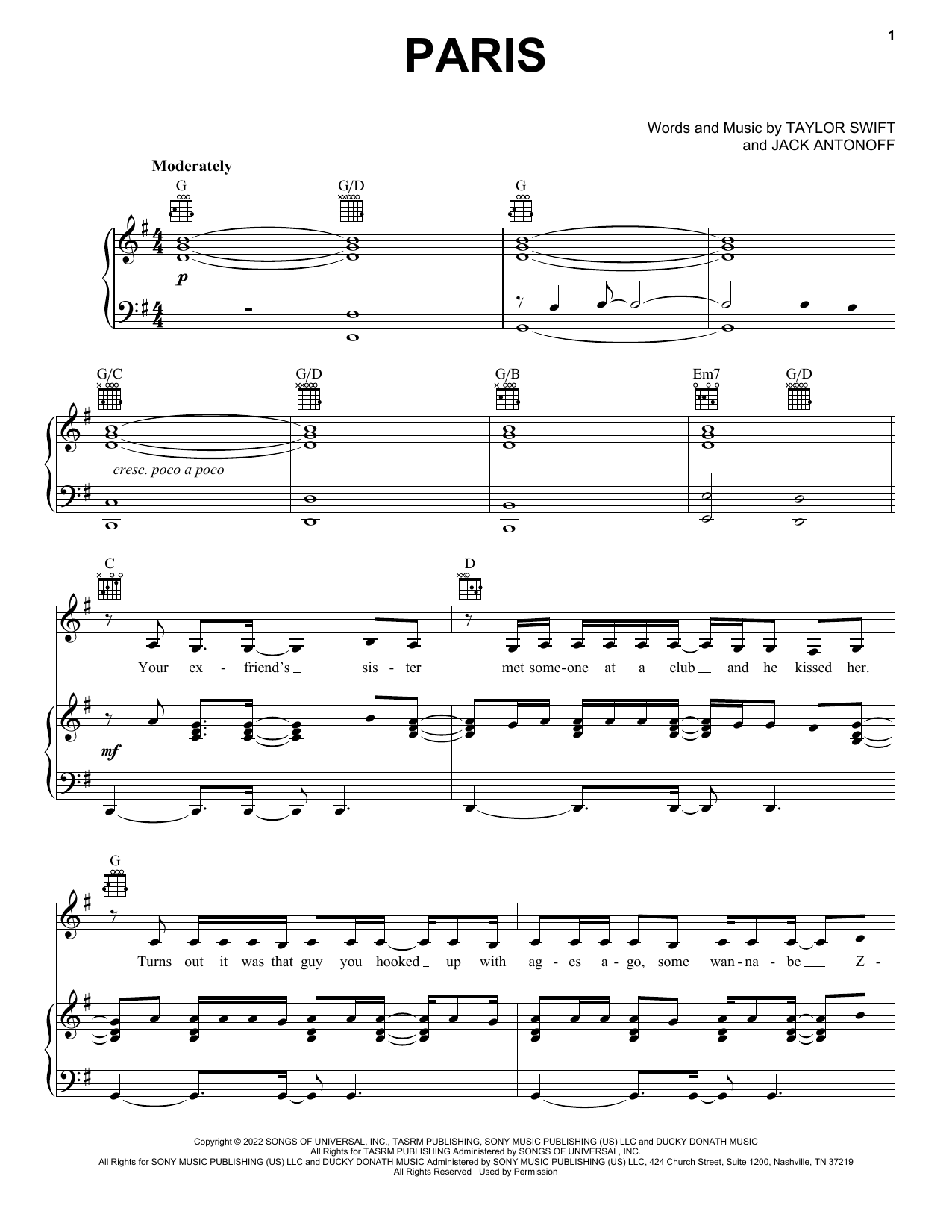 Taylor Swift Paris Sheet Music Notes & Chords for Piano, Vocal & Guitar Chords (Right-Hand Melody) - Download or Print PDF