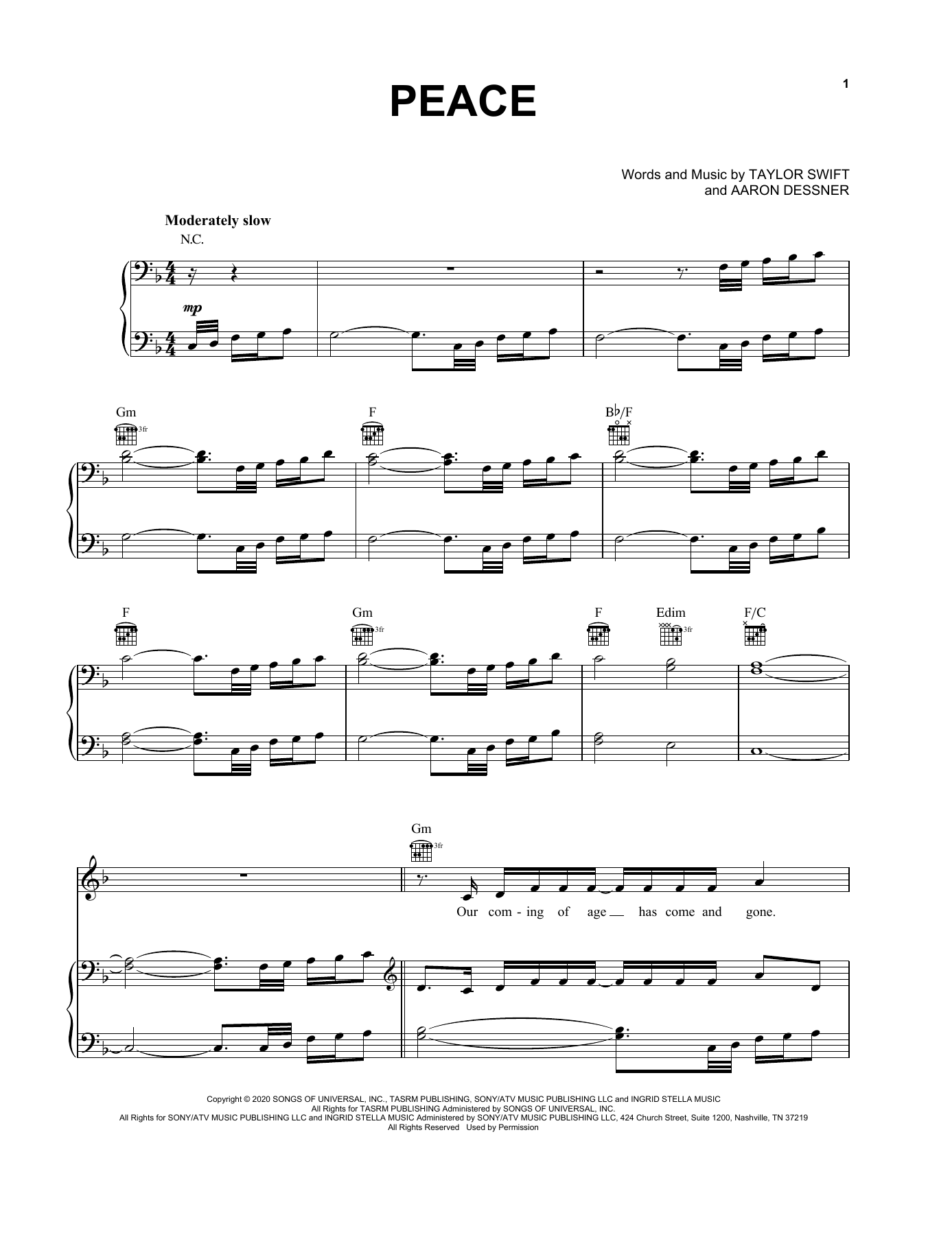 Taylor Swift peace Sheet Music Notes & Chords for Easy Piano - Download or Print PDF