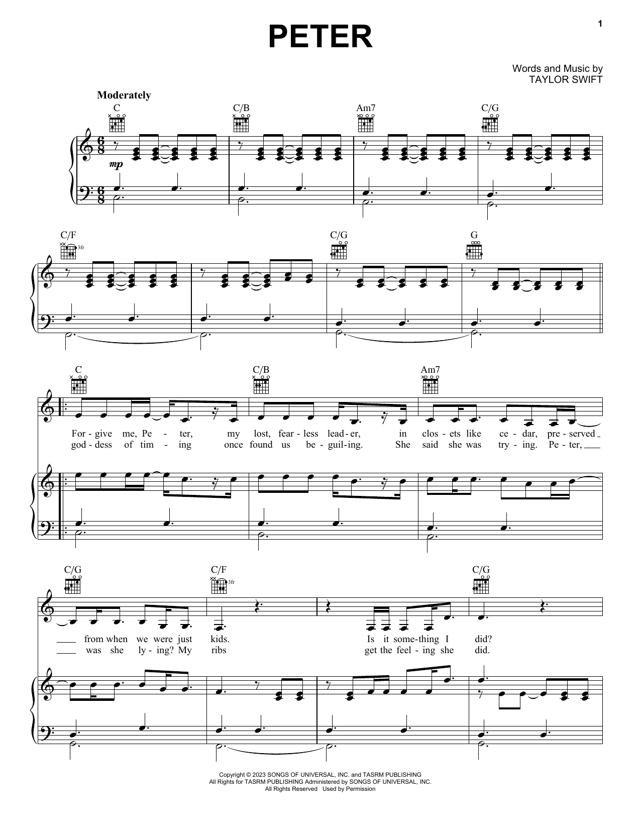 Taylor Swift Peter Sheet Music Notes & Chords for Piano, Vocal & Guitar Chords (Right-Hand Melody) - Download or Print PDF