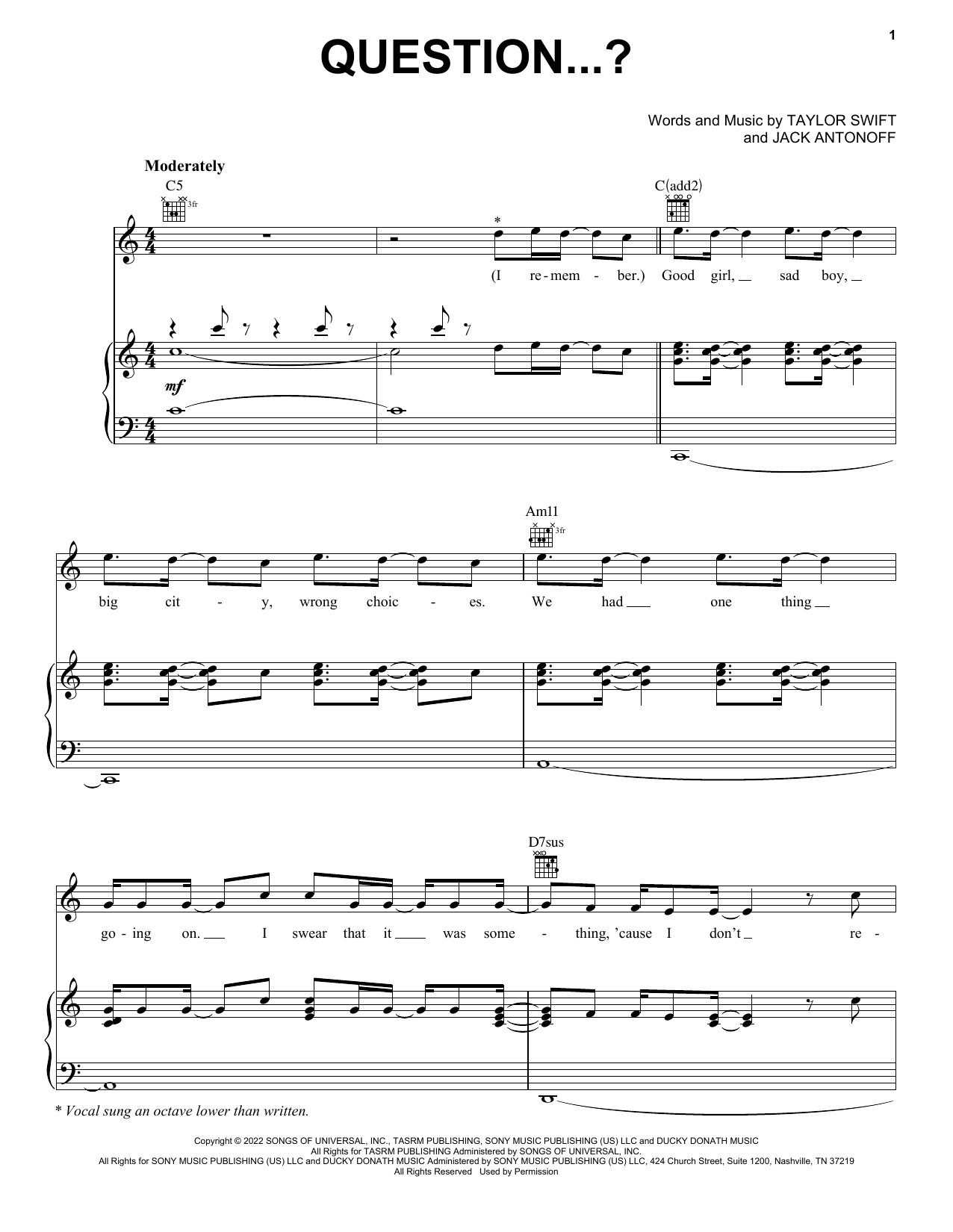 Taylor Swift Question...? Sheet Music Notes & Chords for Piano, Vocal & Guitar Chords (Right-Hand Melody) - Download or Print PDF
