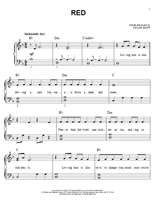 Taylor Swift Red Sheet Music Notes & Chords for Guitar Tab - Download or Print PDF