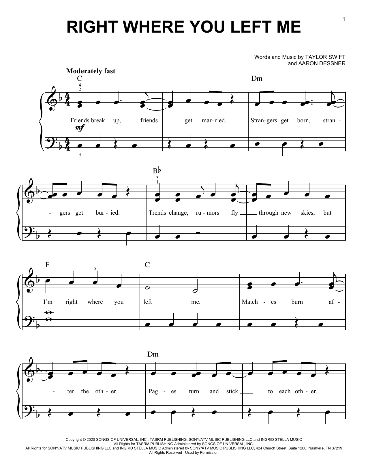 Taylor Swift right where you left me Sheet Music Notes & Chords for Easy Piano - Download or Print PDF