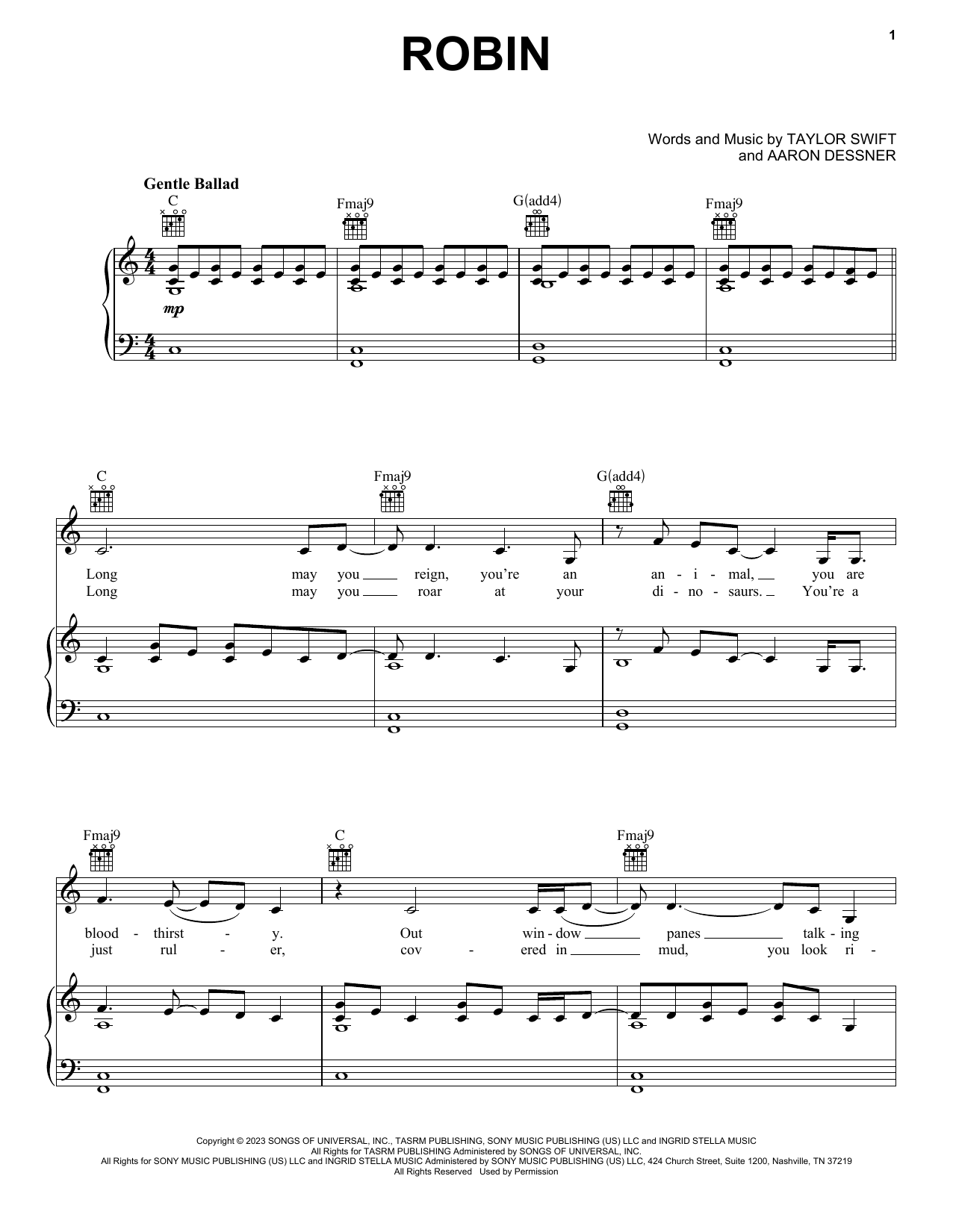 Taylor Swift Robin Sheet Music Notes & Chords for Piano, Vocal & Guitar Chords (Right-Hand Melody) - Download or Print PDF