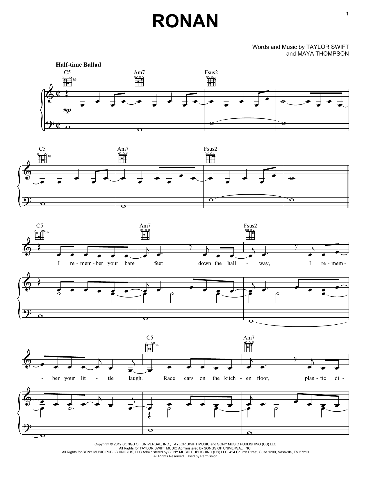 Taylor Swift Ronan (Taylor's Version) Sheet Music Notes & Chords for Piano, Vocal & Guitar Chords (Right-Hand Melody) - Download or Print PDF