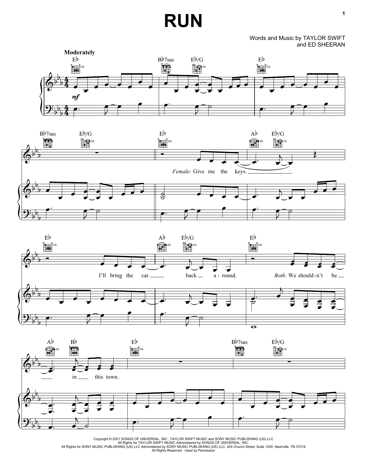 Taylor Swift Run (feat. Ed Sheeran) (Taylor's Version) (From The Vault) Sheet Music Notes & Chords for Piano, Vocal & Guitar Chords (Right-Hand Melody) - Download or Print PDF