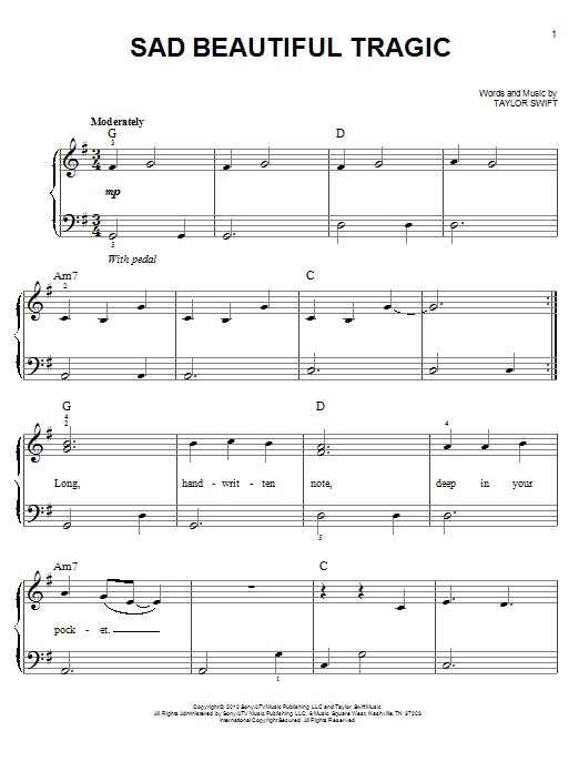 Taylor Swift Sad Beautiful Tragic Sheet Music Notes & Chords for Piano, Vocal & Guitar (Right-Hand Melody) - Download or Print PDF