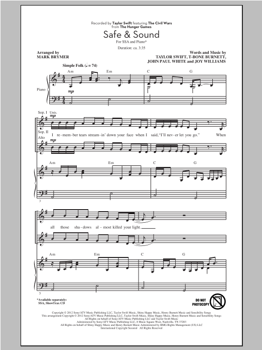 Taylor Swift Safe & Sound (feat. The Civil Wars) (from The Hunger Games) (arr. Mark Brymer) Sheet Music Notes & Chords for SSA - Download or Print PDF