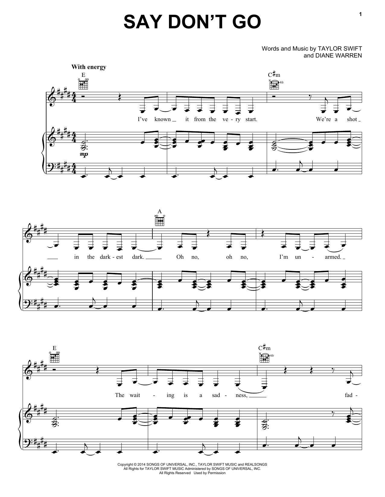 Taylor Swift Say Don't Go (Taylor's Version) (From The Vault) Sheet Music Notes & Chords for Piano, Vocal & Guitar Chords (Right-Hand Melody) - Download or Print PDF