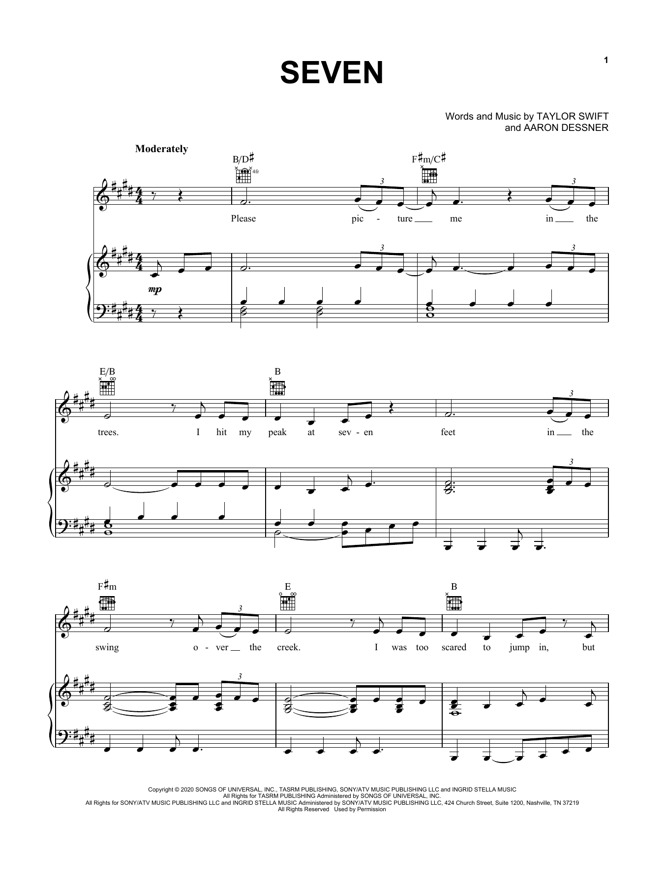 Taylor Swift seven Sheet Music Notes & Chords for Easy Piano - Download or Print PDF