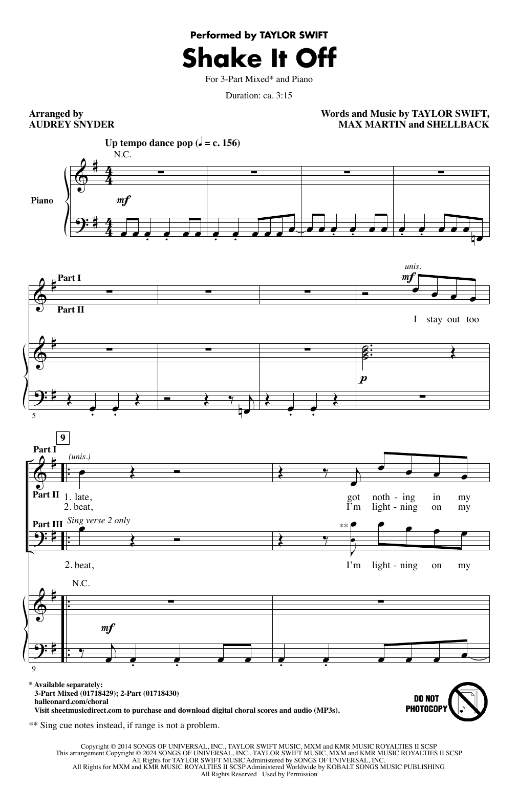 Taylor Swift Shake It Off (arr. Audrey Snyder) Sheet Music Notes & Chords for 3-Part Mixed Choir - Download or Print PDF