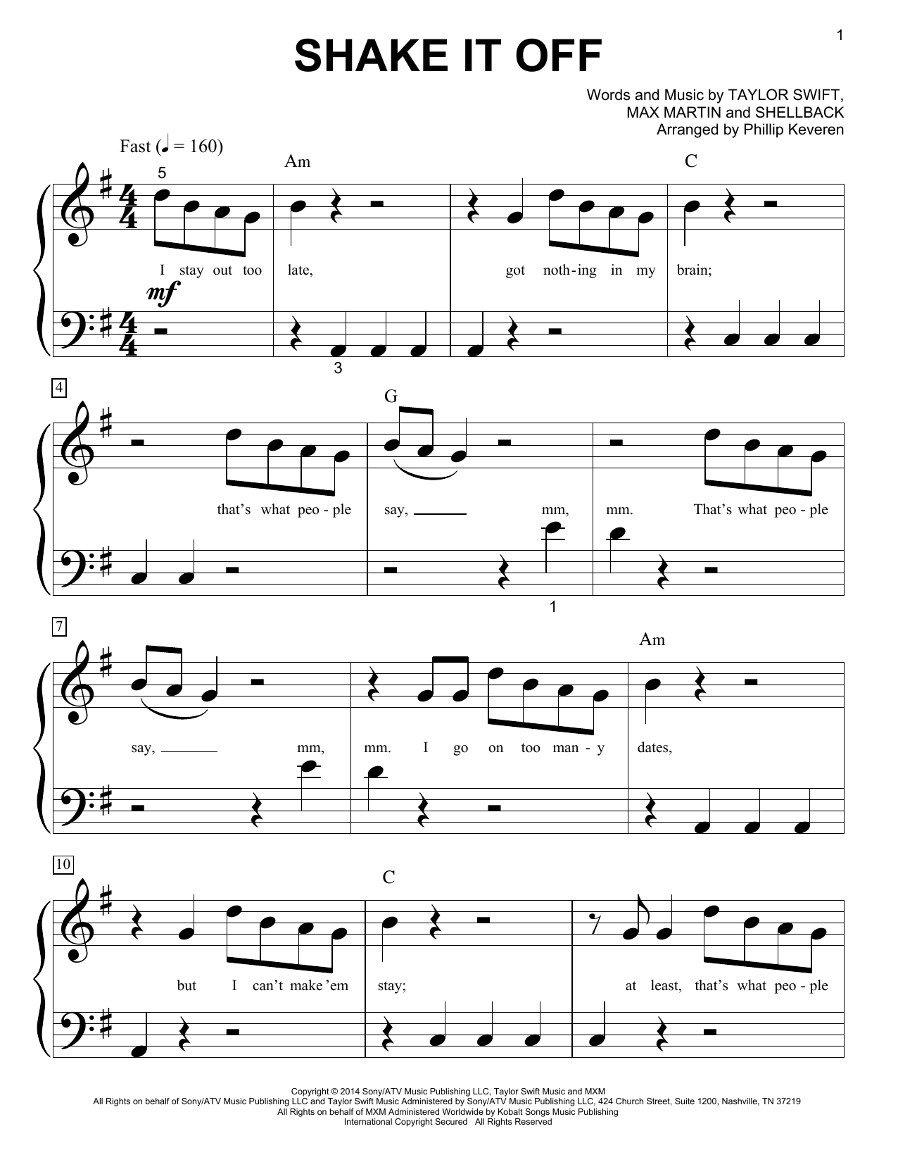 Taylor Swift Shake It Off Sheet Music Notes & Chords for Piano (Big Notes) - Download or Print PDF