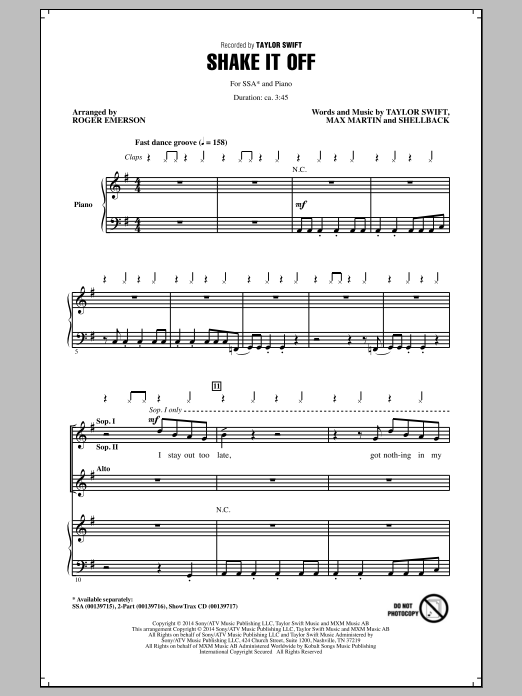 Taylor Swift Shake It Off (arr. Roger Emerson) Sheet Music Notes & Chords for SSA - Download or Print PDF
