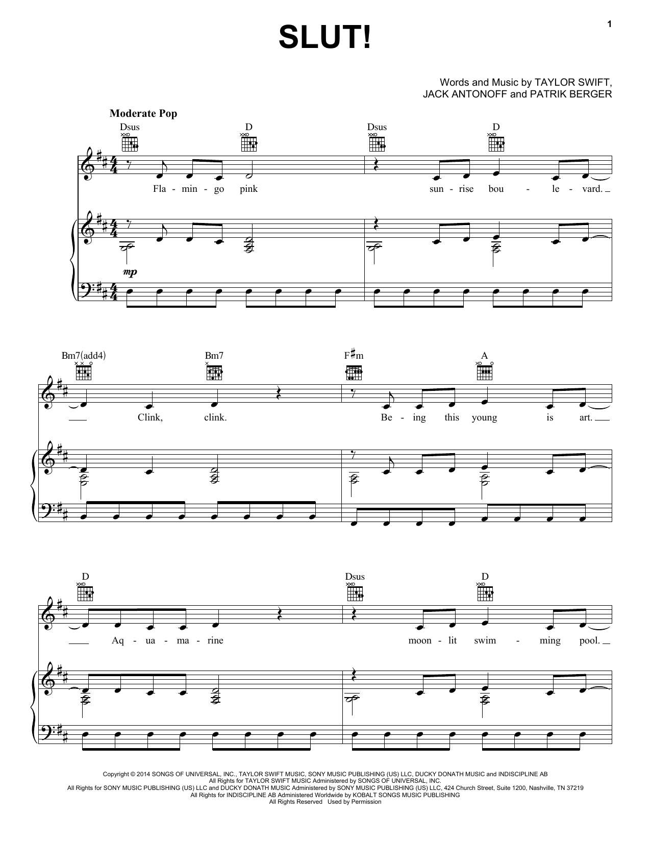 Taylor Swift Slut! (Taylor's Version) (From The Vault) Sheet Music Notes & Chords for Piano, Vocal & Guitar Chords (Right-Hand Melody) - Download or Print PDF