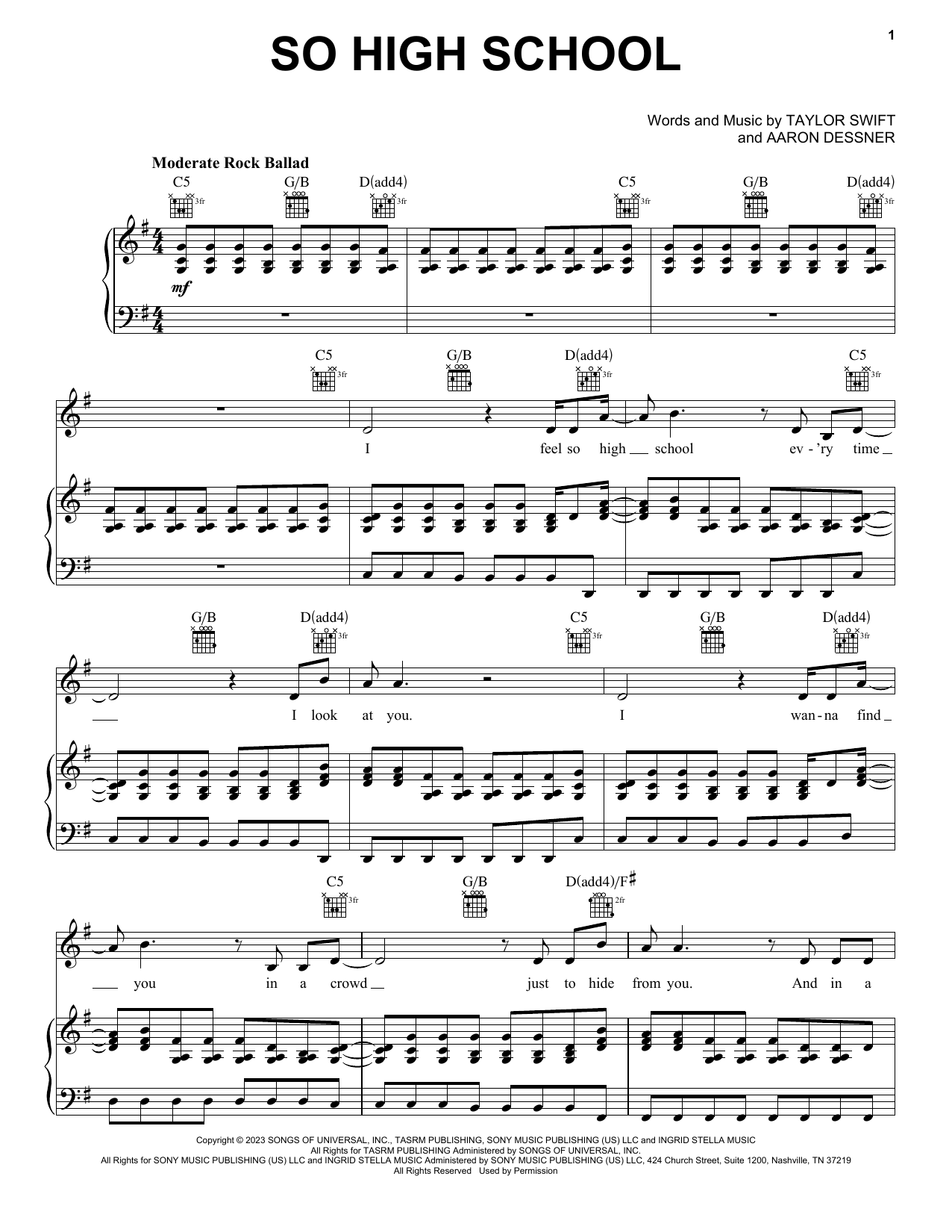 Taylor Swift So High School Sheet Music Notes & Chords for Piano, Vocal & Guitar Chords (Right-Hand Melody) - Download or Print PDF
