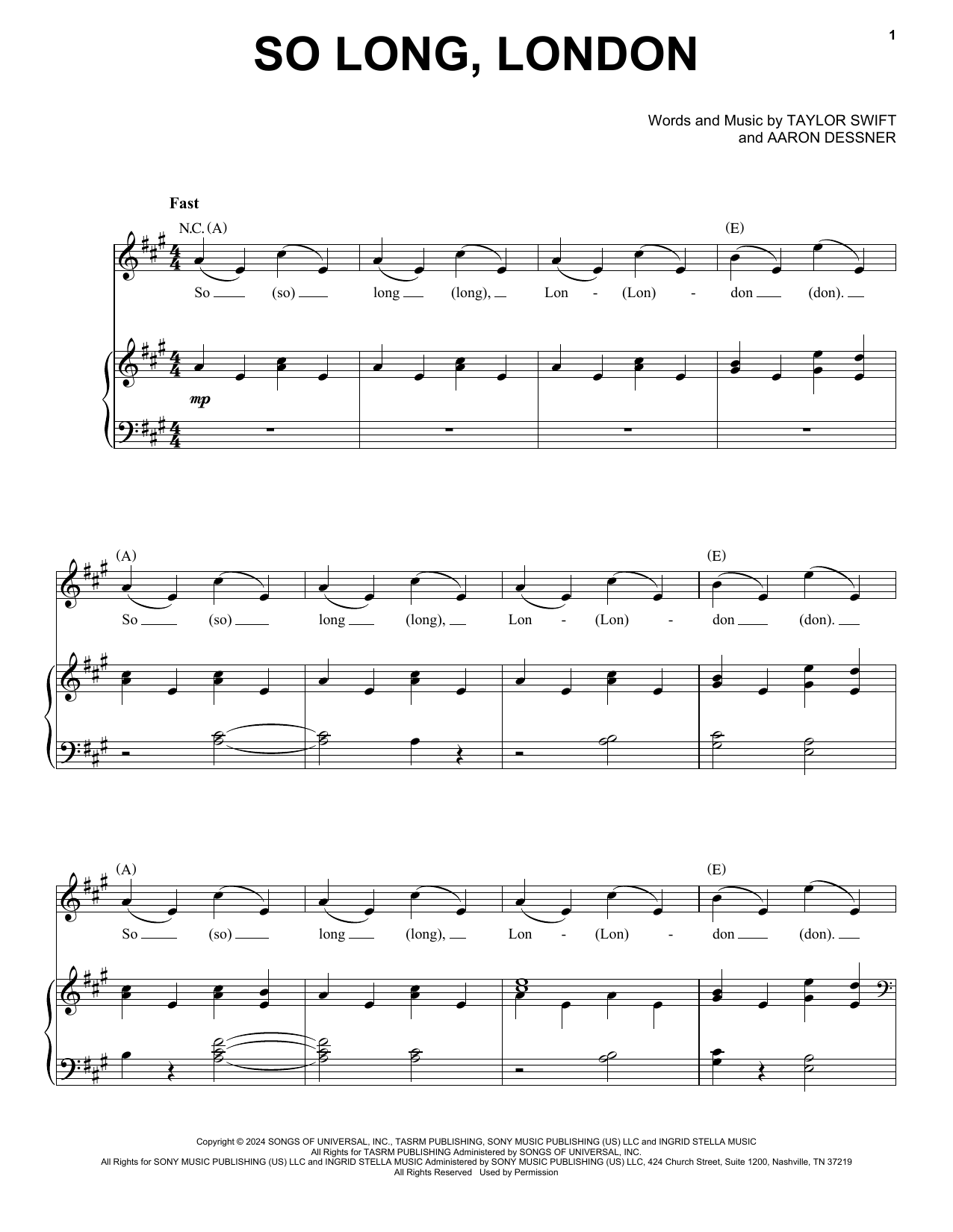 Taylor Swift So Long, London Sheet Music Notes & Chords for Piano, Vocal & Guitar Chords (Right-Hand Melody) - Download or Print PDF