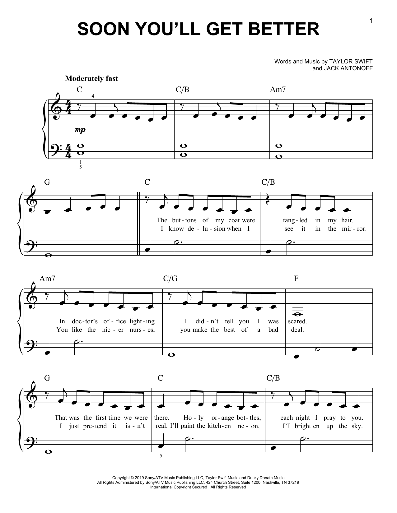 Taylor Swift Soon You'll Get Better (feat. The Chicks) Sheet Music Notes & Chords for Piano, Vocal & Guitar (Right-Hand Melody) - Download or Print PDF