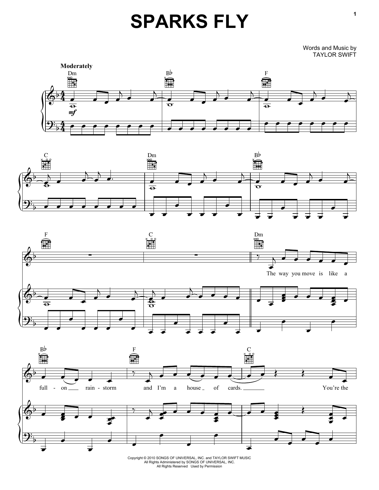 Taylor Swift Sparks Fly Sheet Music Notes & Chords for Guitar Tab Play-Along - Download or Print PDF