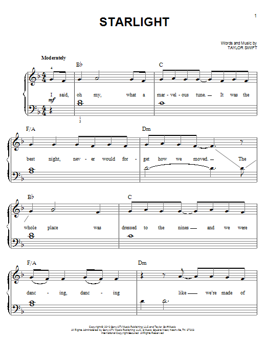 Taylor Swift Starlight Sheet Music Notes & Chords for Easy Piano - Download or Print PDF