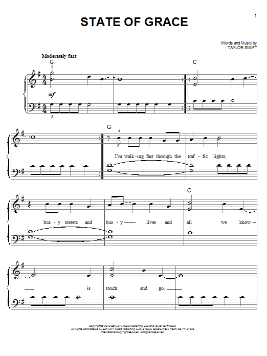 Taylor Swift State Of Grace Sheet Music Notes & Chords for Piano, Vocal & Guitar (Right-Hand Melody) - Download or Print PDF