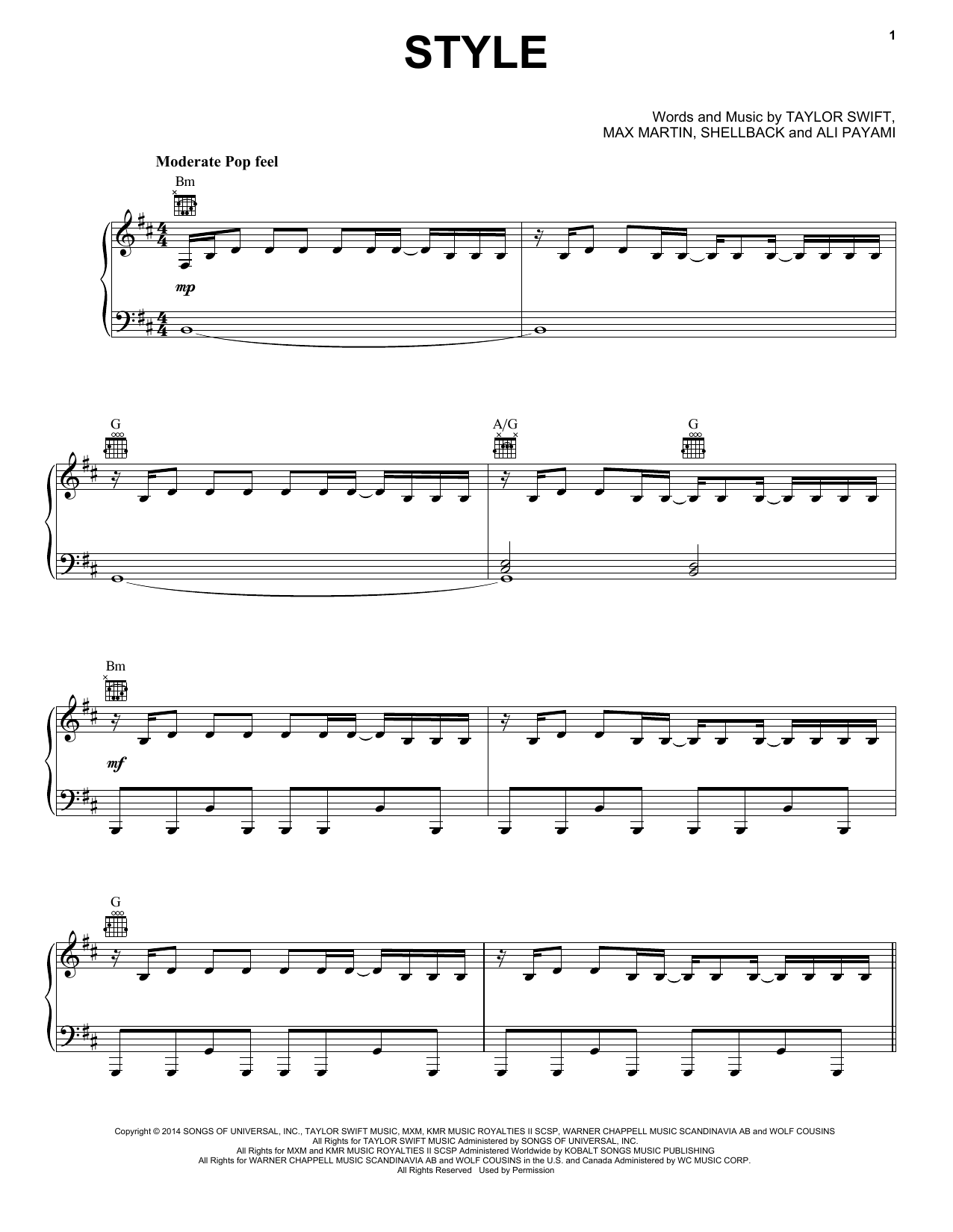 Taylor Swift Style Sheet Music Notes & Chords for Lyrics & Chords - Download or Print PDF