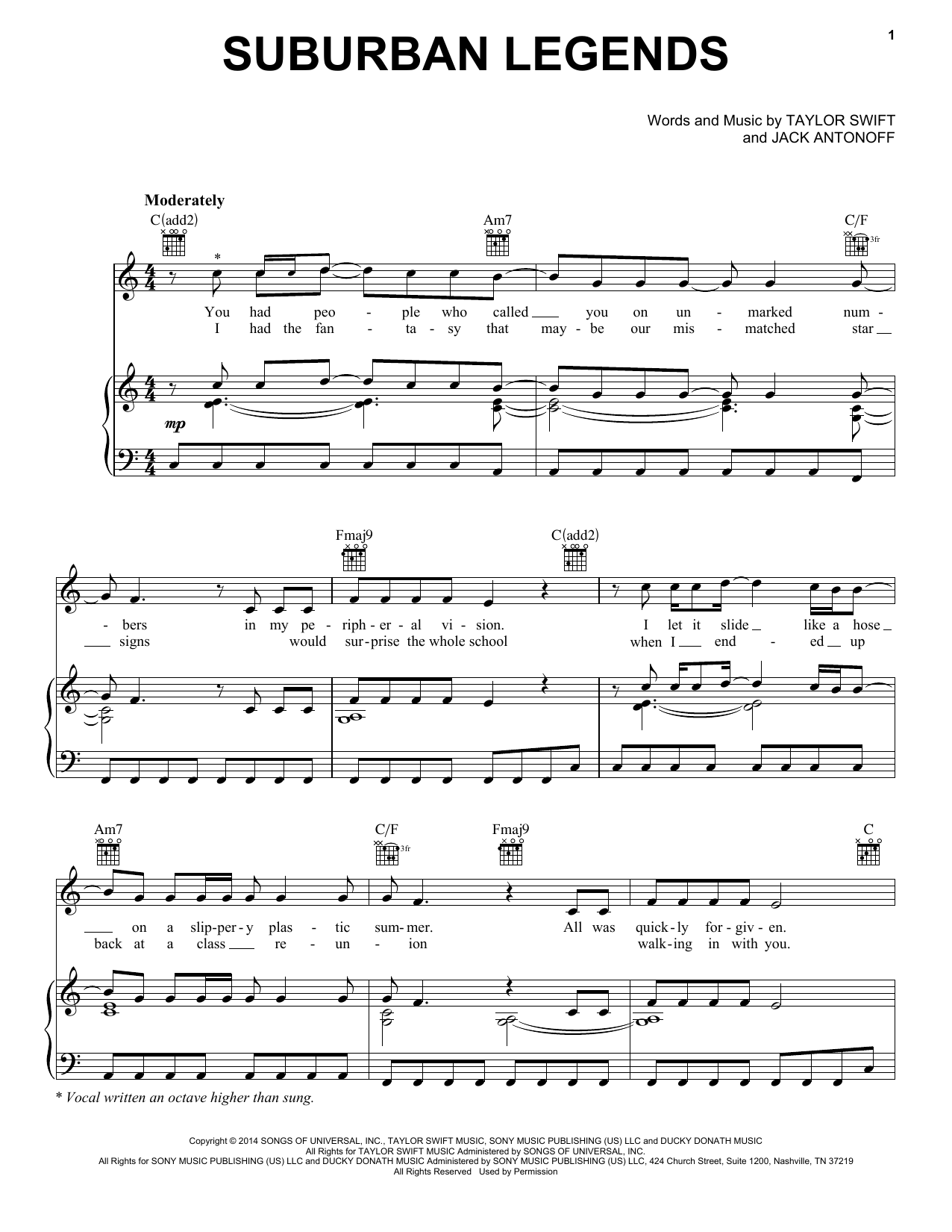 Taylor Swift Suburban Legends (Taylor's Version) (From The Vault) Sheet Music Notes & Chords for Piano, Vocal & Guitar Chords (Right-Hand Melody) - Download or Print PDF