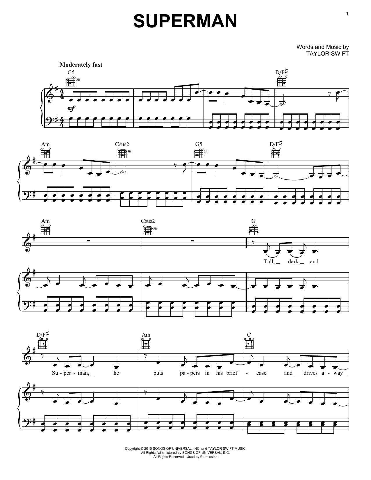 Taylor Swift Superman (Taylor's Version) Sheet Music Notes & Chords for Piano, Vocal & Guitar Chords (Right-Hand Melody) - Download or Print PDF