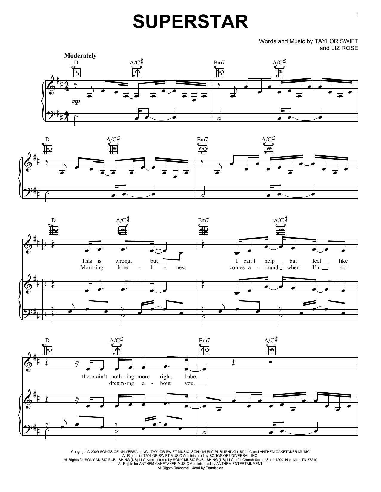 Taylor Swift Superstar (Taylor's Version) Sheet Music Notes & Chords for Piano, Vocal & Guitar Chords (Right-Hand Melody) - Download or Print PDF