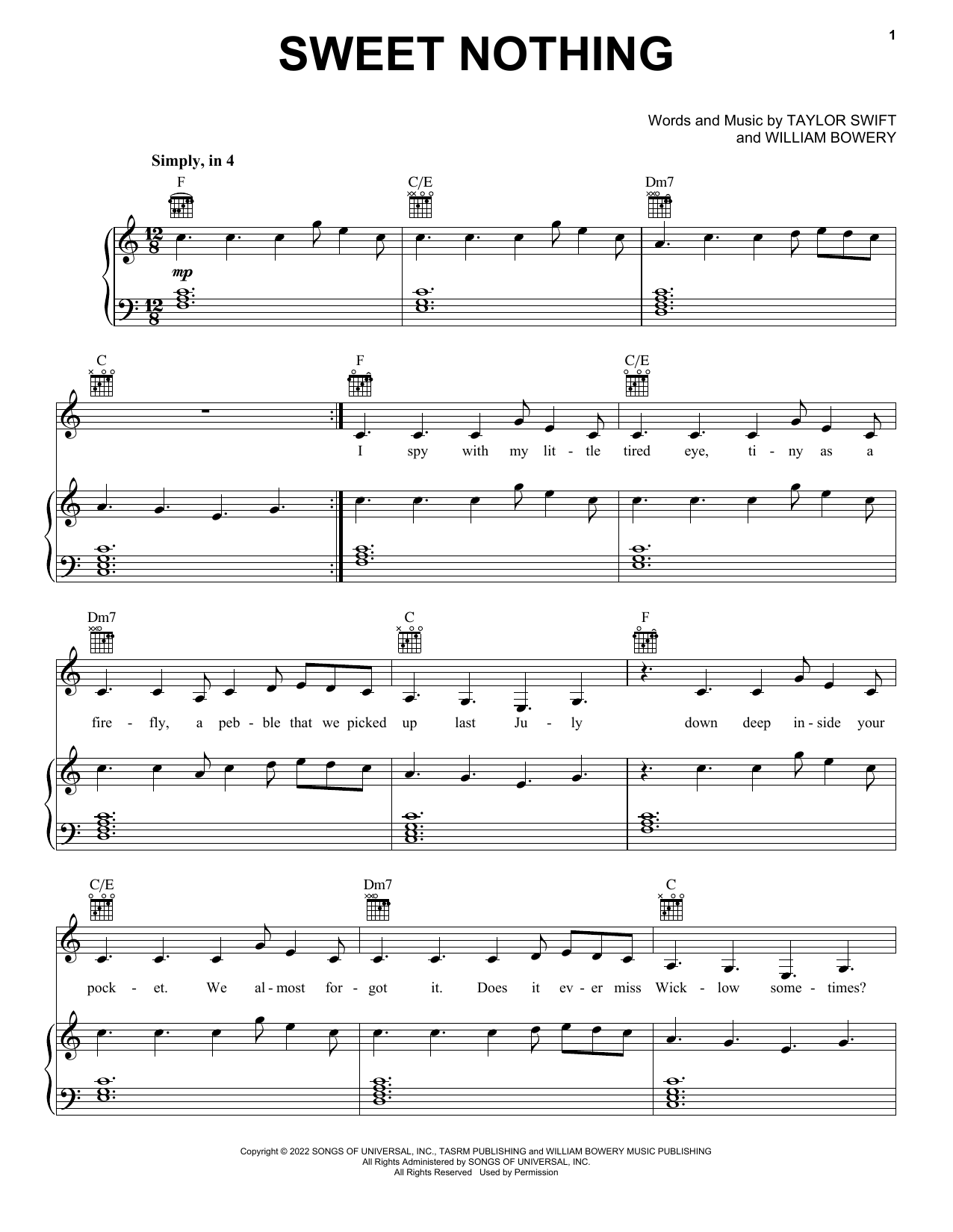 Taylor Swift Sweet Nothing Sheet Music Notes & Chords for Piano, Vocal & Guitar Chords (Right-Hand Melody) - Download or Print PDF