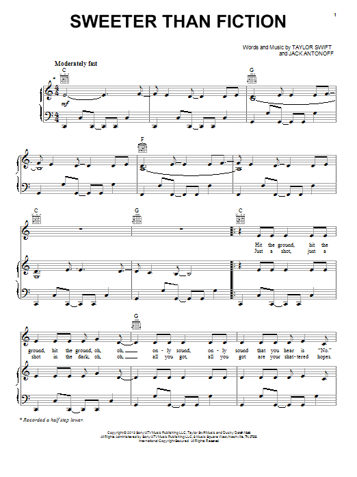 Taylor Swift Sweeter Than Fiction Sheet Music Notes & Chords for Piano, Vocal & Guitar (Right-Hand Melody) - Download or Print PDF