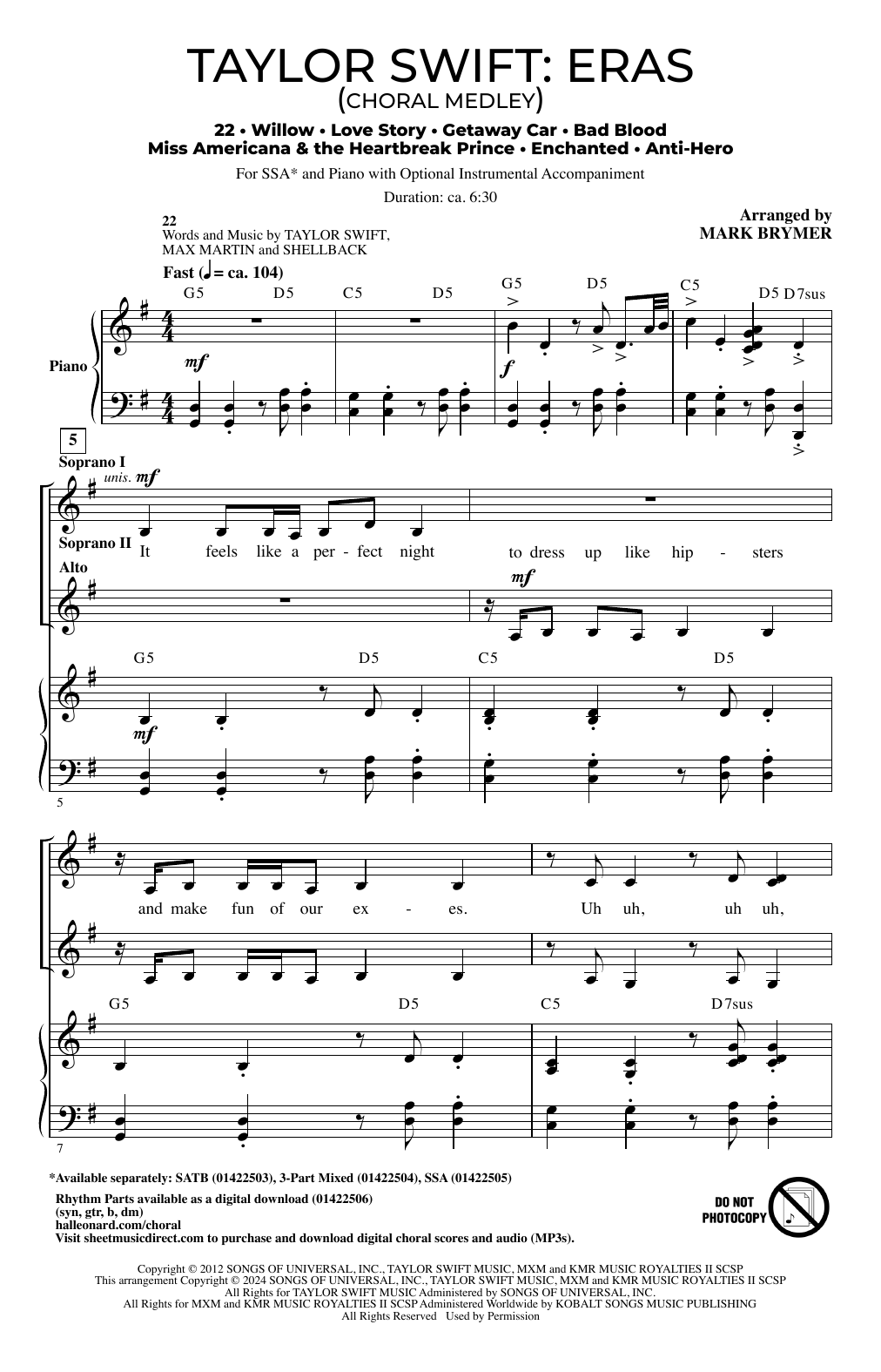 Taylor Swift Taylor Swift: Eras (Choral Medley) (arr. Mark Brymer) Sheet Music Notes & Chords for SSA Choir - Download or Print PDF