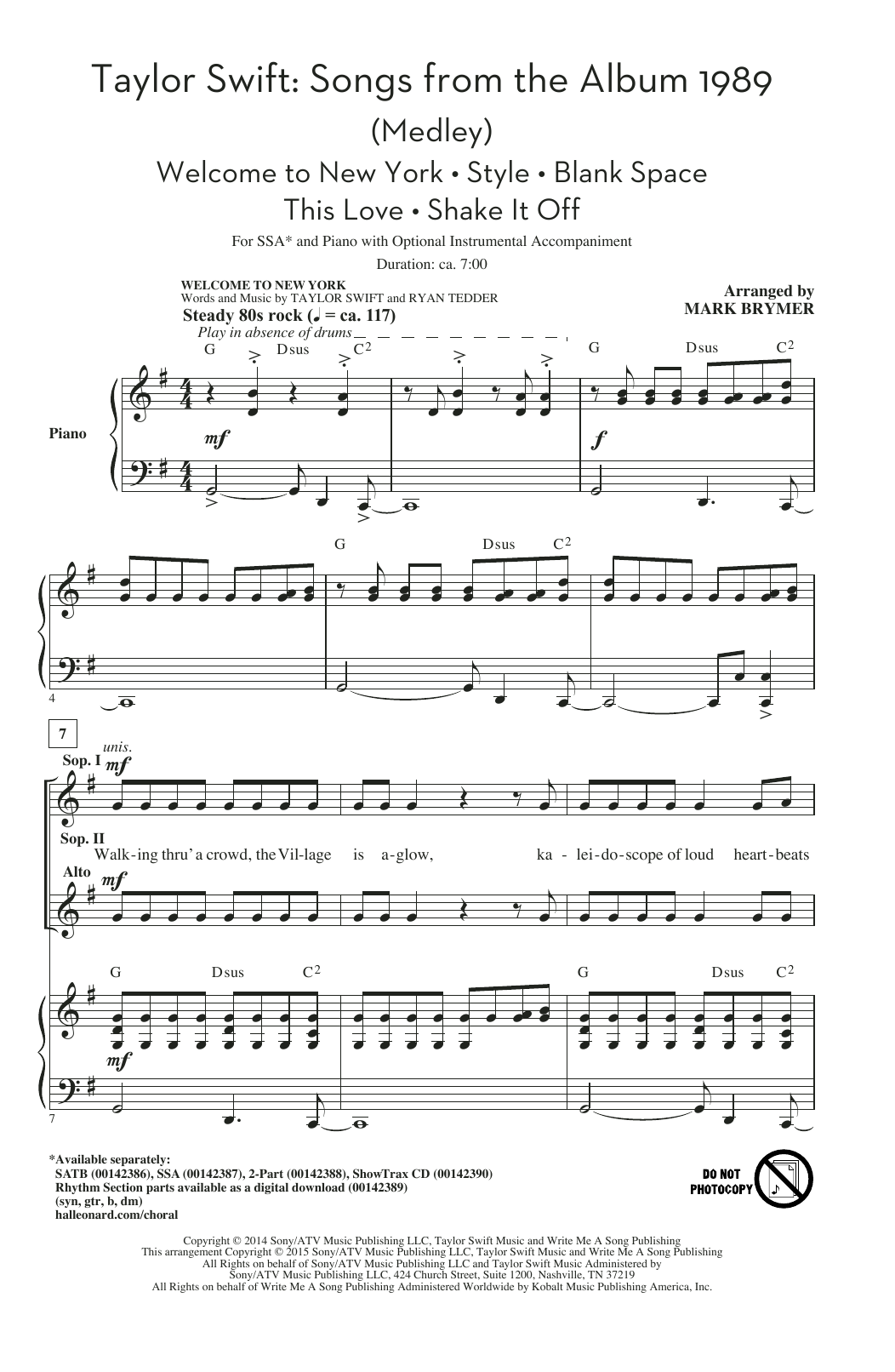 Taylor Swift Taylor Swift: Songs from the Album 1989 (Medley) (arr. Mark Brymer) Sheet Music Notes & Chords for 2-Part Choir - Download or Print PDF