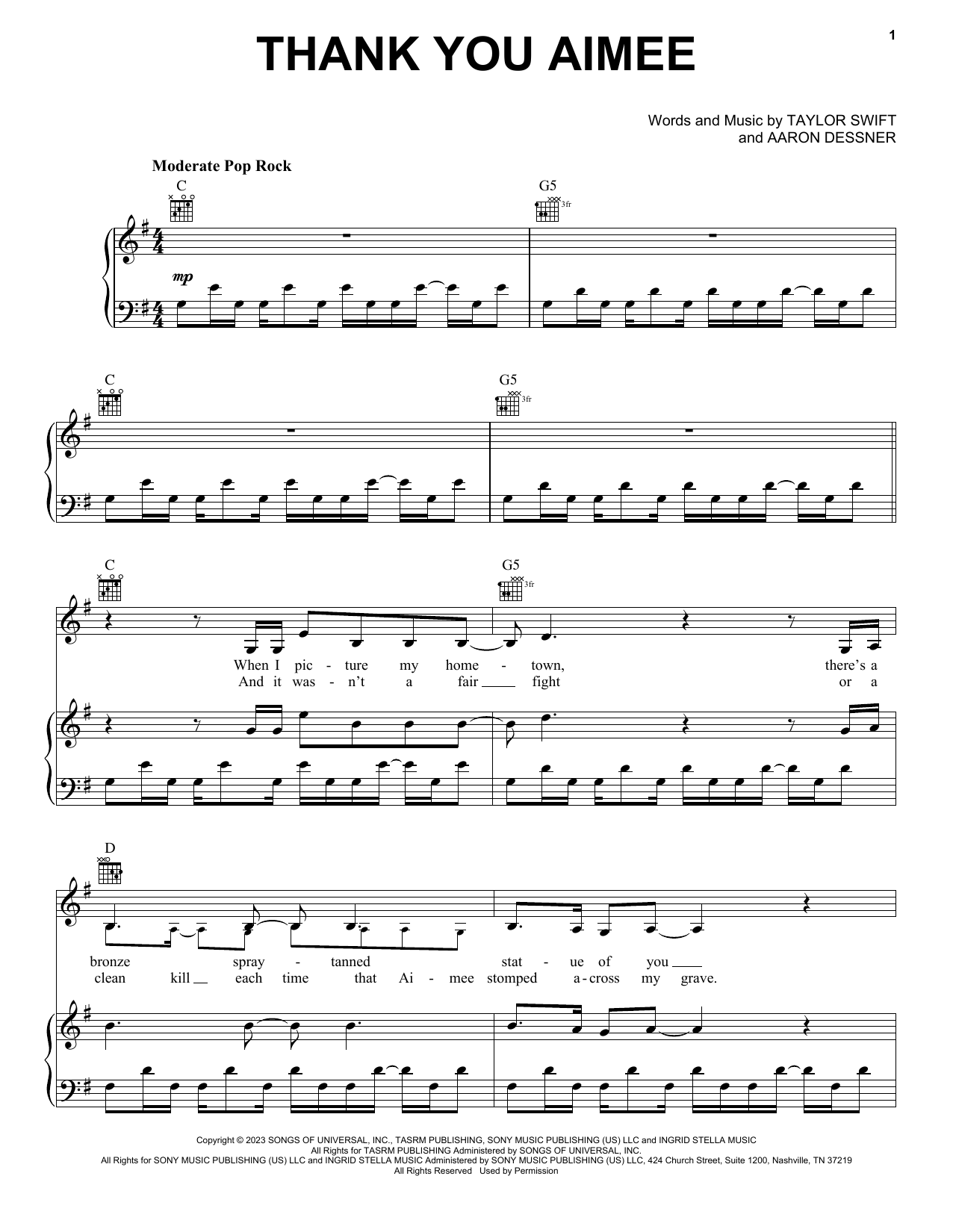 Taylor Swift thanK you aIMee Sheet Music Notes & Chords for Piano, Vocal & Guitar Chords (Right-Hand Melody) - Download or Print PDF