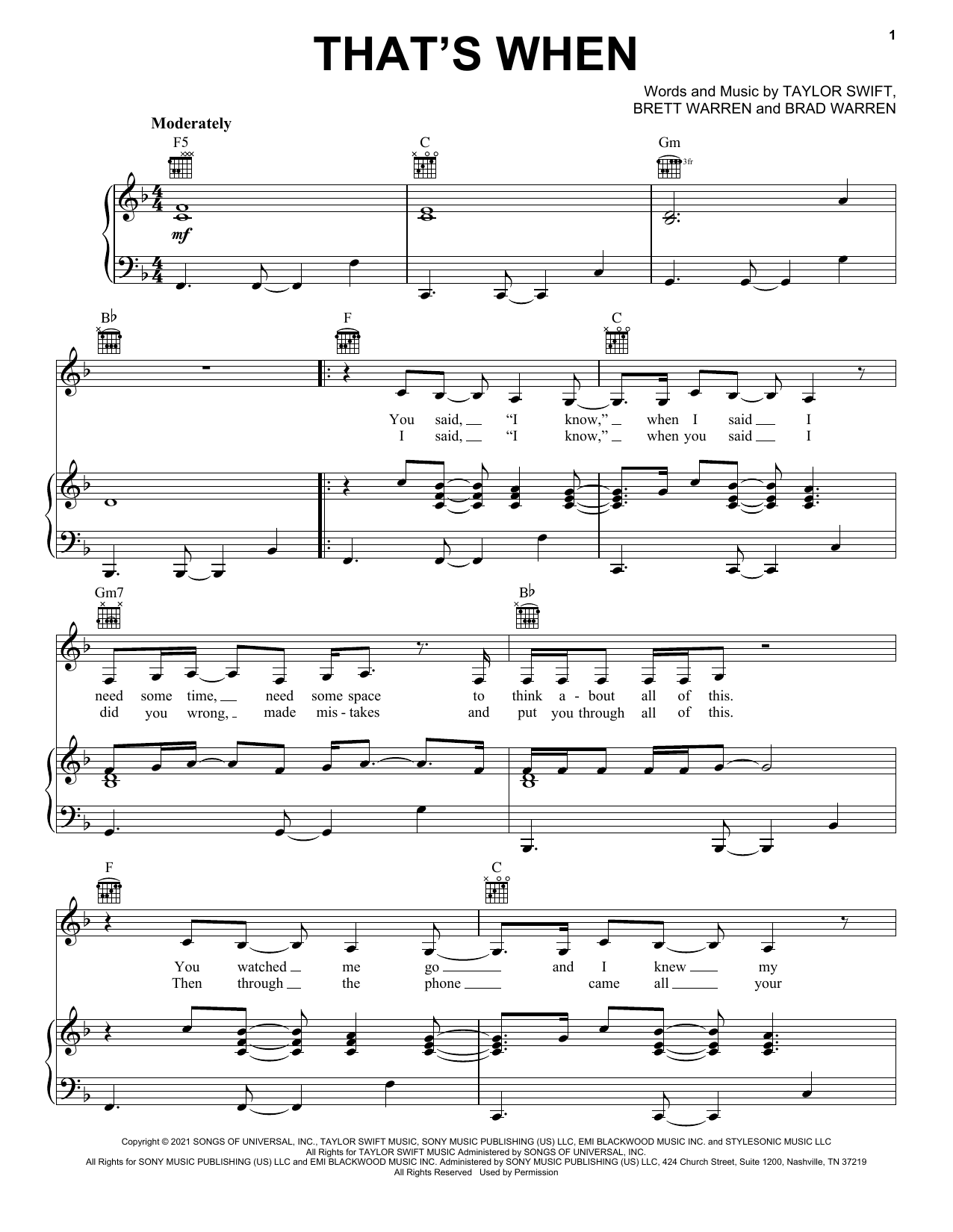 Taylor Swift That's When (feat. Keith Urban) (Taylor's Version) (From The Vault) Sheet Music Notes & Chords for Piano, Vocal & Guitar Chords (Right-Hand Melody) - Download or Print PDF