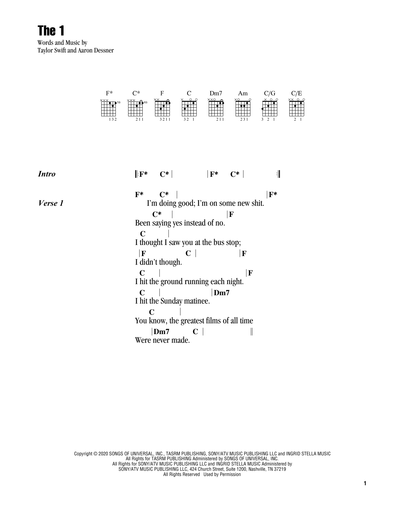 Taylor Swift the 1 Sheet Music Notes & Chords for Alto Sax Solo - Download or Print PDF