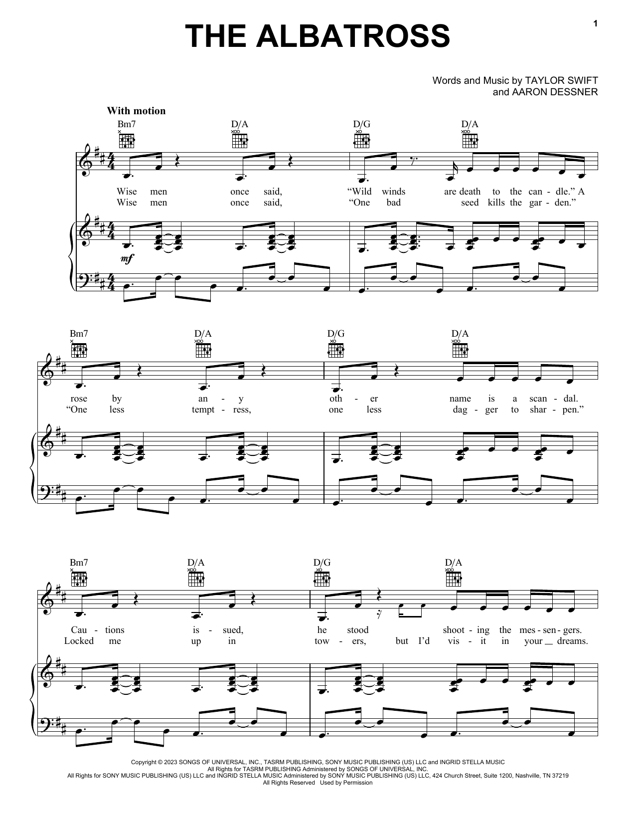 Taylor Swift The Albatross Sheet Music Notes & Chords for Piano, Vocal & Guitar Chords (Right-Hand Melody) - Download or Print PDF