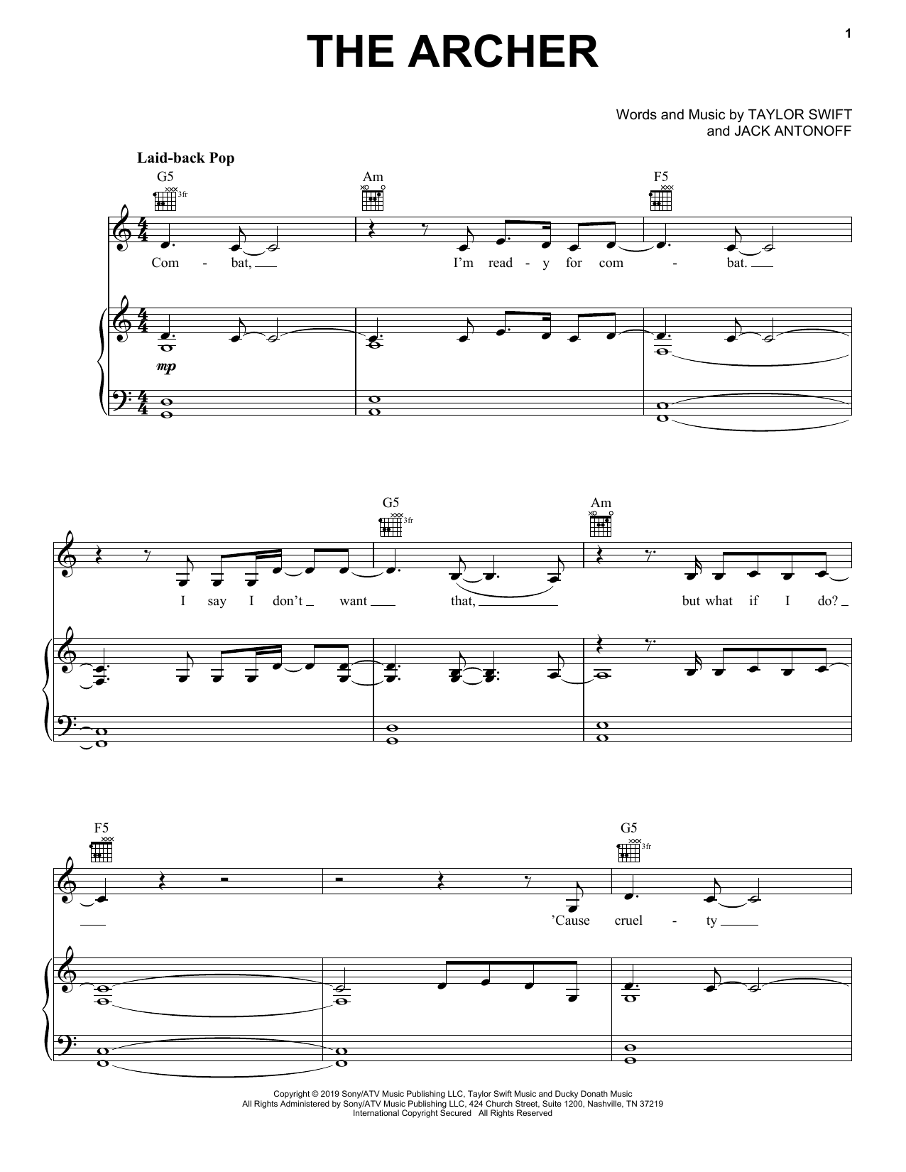 Taylor Swift The Archer Sheet Music Notes & Chords for Piano, Vocal & Guitar (Right-Hand Melody) - Download or Print PDF